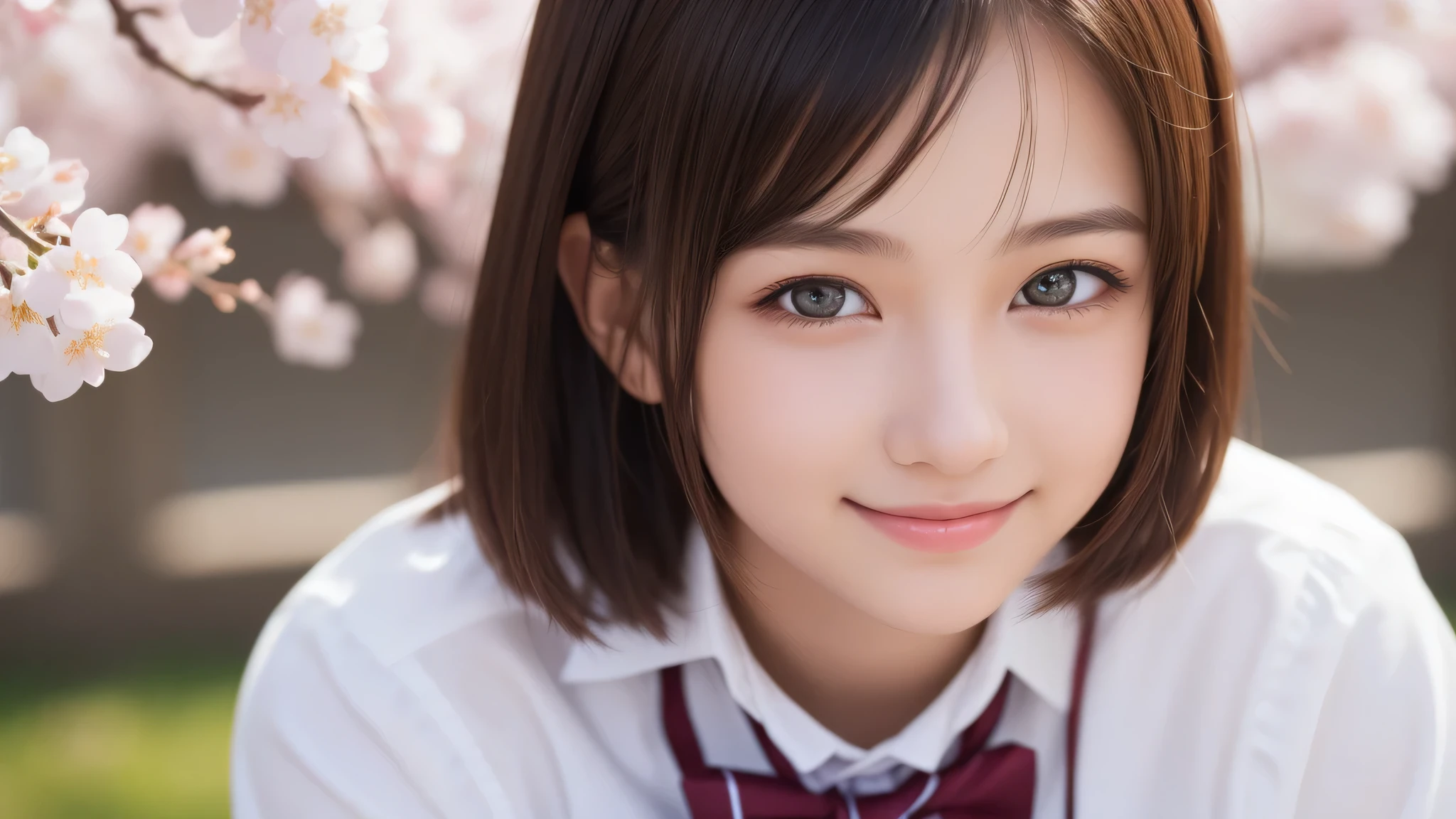 (1 girl), 17yo, (short bob:1.2), enchanting smile, (highly detailed eyes, highly detailed face), Fresh, very beautiful appearance, (surreal, High resolution), (highest quality:1.4), professional photography, (high School uniform:1.2), cherry blossoms, focus on face, School, School anime, anime illustration,