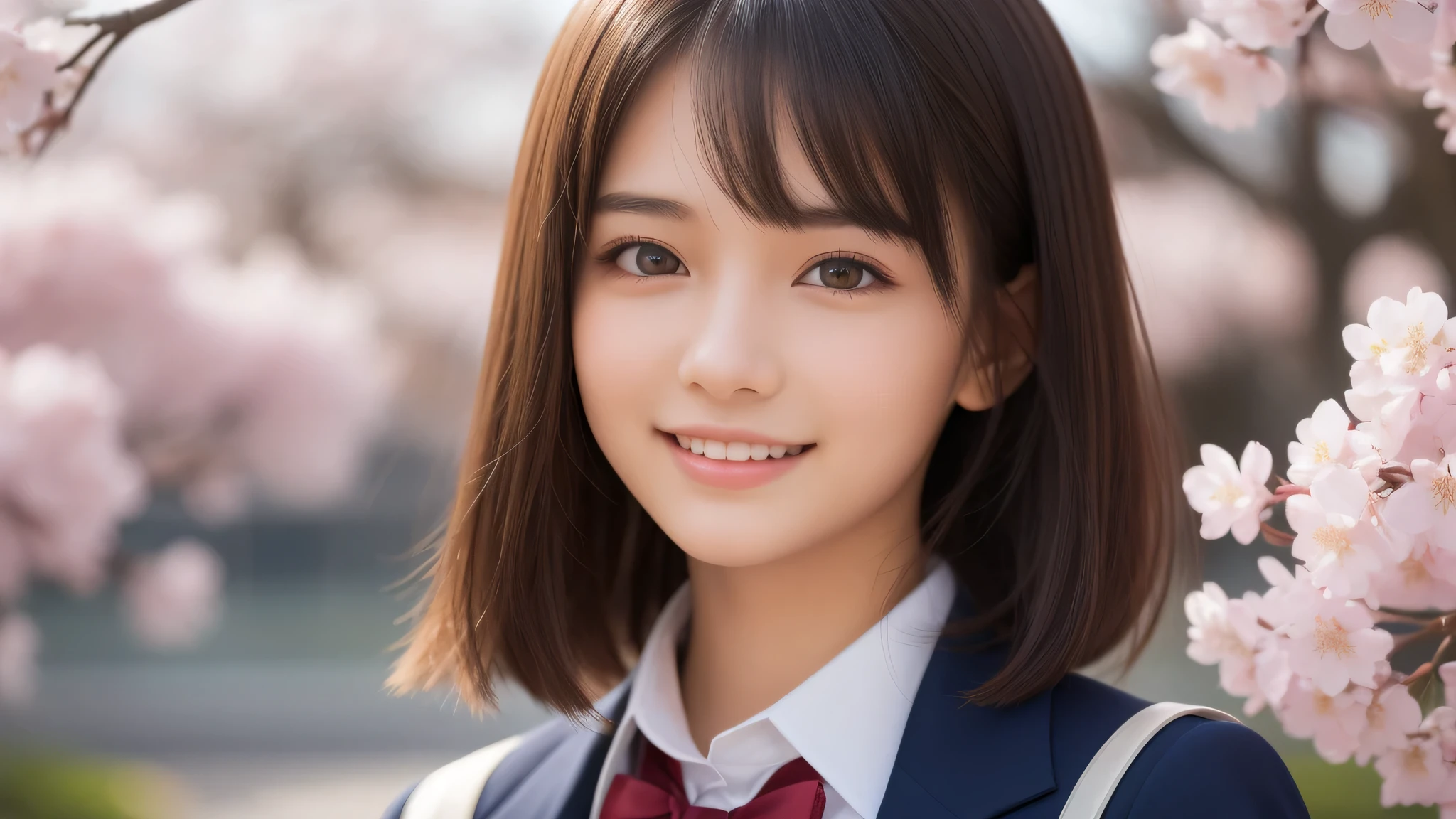 (1 girl), 17yo, (short bob:1.2), enchanting smile, (highly detailed eyes, highly detailed face), Fresh, very beautiful appearance, (surreal, High resolution), (highest quality:1.4), professional photography, (high School uniform:1.2), cherry blossoms, focus on face, School, School anime, anime illustration,