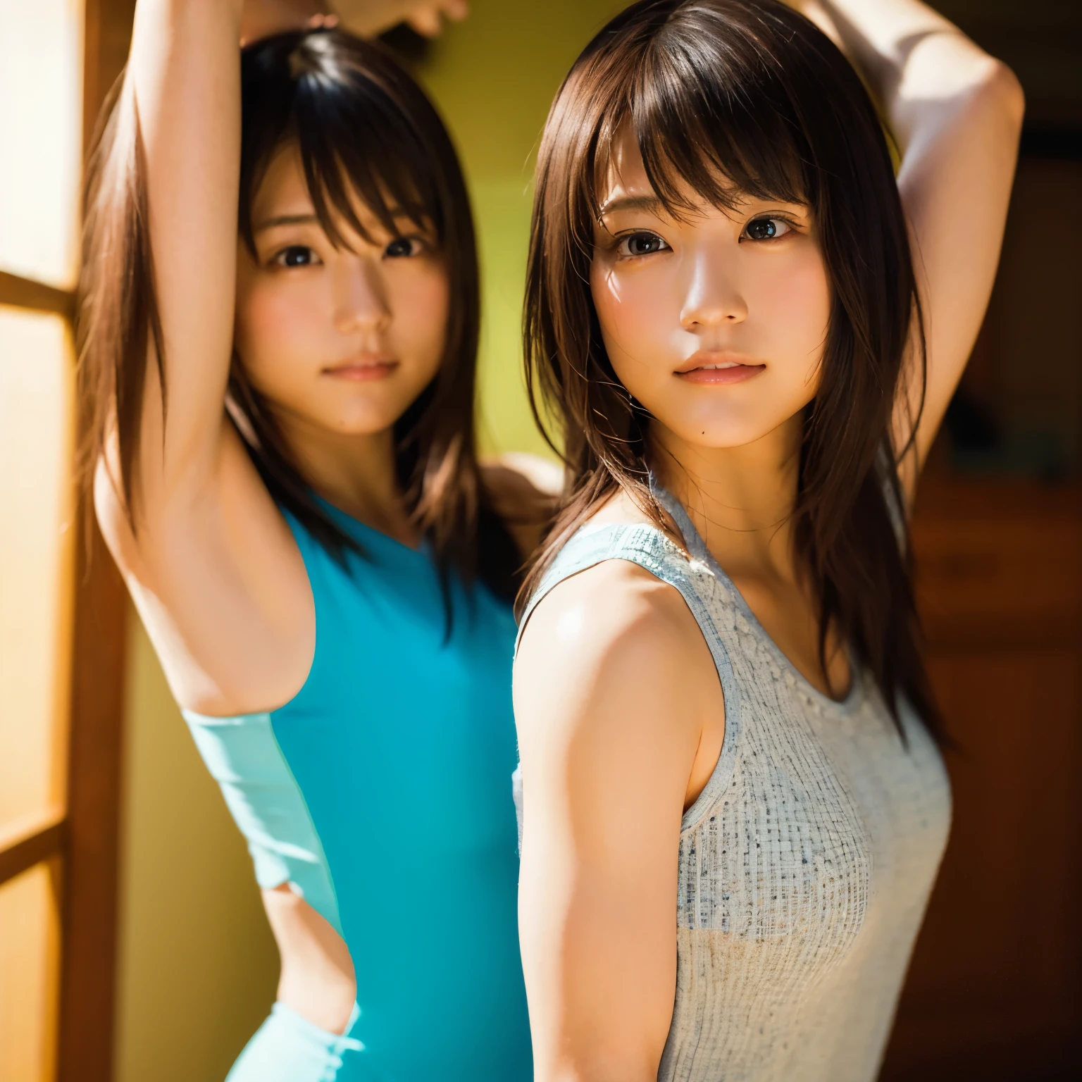 Identical twin sisters back to back、(8K、RAW photo、highest quality、masterpiece:1.2)、(realistic、Photoreal:1.37)、super detailed、超A high resolution、2 girls、There is genuine Mura frame.、see the beholder、beautiful and detailed face、smile、narrow、(slim waist) :1.3)、gymnastics、Beautiful and smooth skin、skin texture、floating hair、professional lighting、Full body Esbian、I&#39;m doing muscle training..、muscular body doing muscular pose