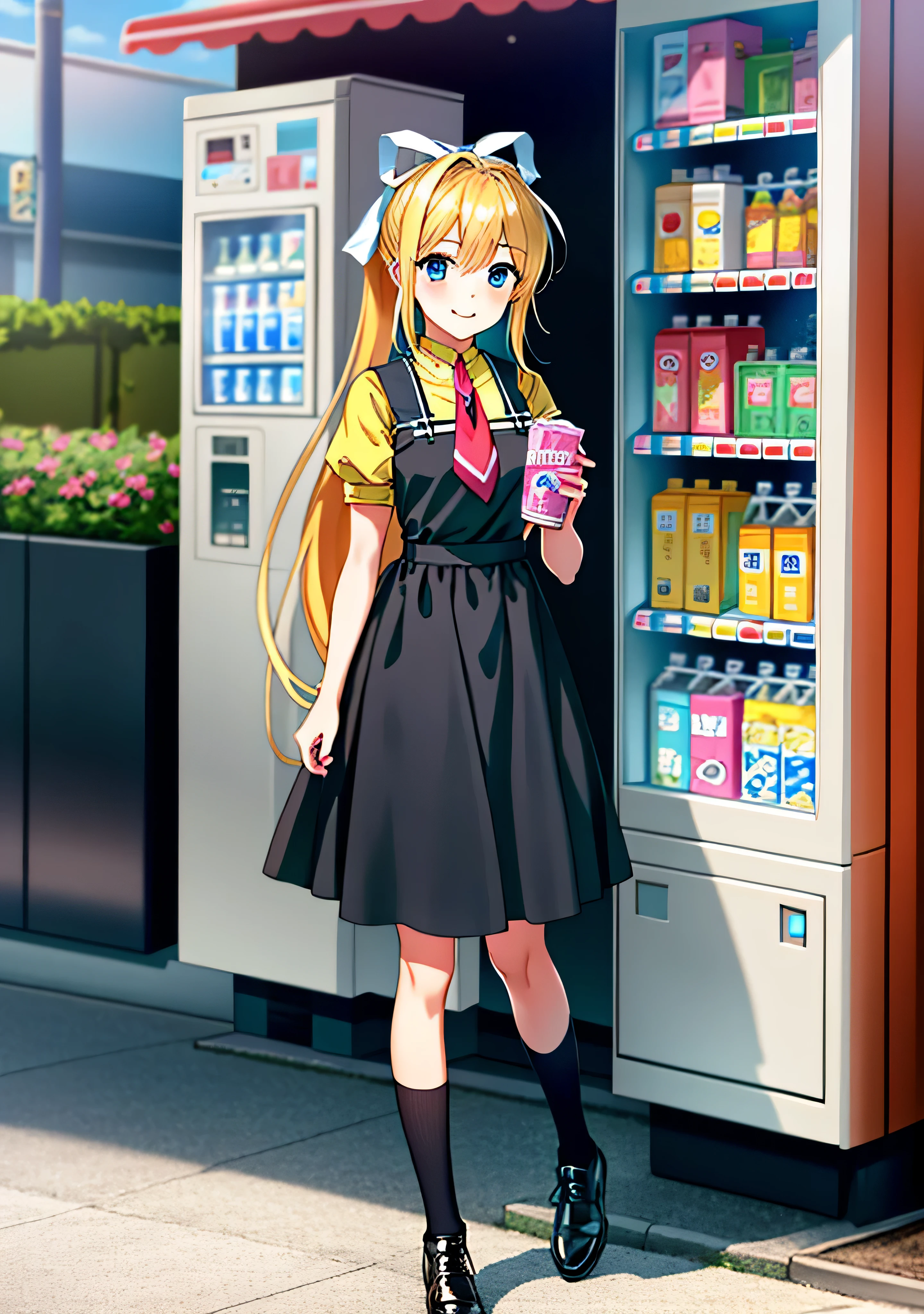 1girl, best quality, hdr, kamio misuzu, AIR, blue eyes, long hair, blonde hair, ponytail, white ribbon on hair, , black dress, yellow shirt, red tie, extra long black socks, black boots, holding one pink juice box in each hand, looking at viewer, offering to viewer what she has on hand, smiling, standing in front of a vending machine, full body, sunny, summer