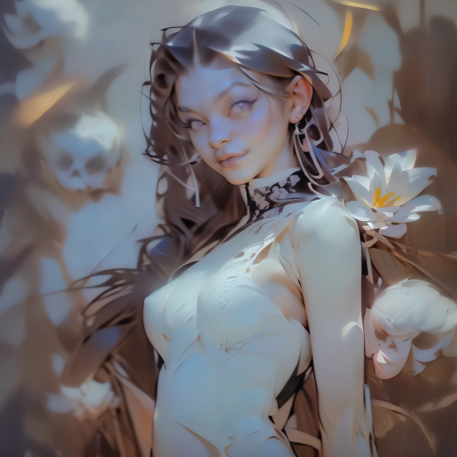 ((Create MaxZenArt!))_(((Little , , chibi, full-length, relaxed pose, standing, full-length)_(16+ years)))_(((Very beautiful small peach breasts, graceful figure, narrow waist, smooth hips)), ((long double braids, tight braids, long braid, braided hair, long hime haircut, dark hair, black hair, colored inner part of hair)))_(((purple_eyes:1.3) ), ((intricate eyes, beautiful detailed eyes, symmetrical eyes)), ((big eyes:1.5)),((red lips)), ((smile)))_(((Shiny skin:1.5, white skin, light skin: 1.5, white skin, shiny skin, very shiny skin, shiny body, reflective skin)))_(((Detailed face)), ((beautiful detailed lips)), ((sexy), (erotic), ( cute, kawaii), (nsfw)))_(((Eyeshadow, makeup, eyelid makeup)), ((side breasts)), ((open clothes, showing skin)), ((bare shoulders, black dress- lace)), ((black chiffon dress, very short)), (((tight-fitting, (black), sheer lace dress)), ((standing almost completely naked, with little clothing on)), ((tiny thong) ), ((1.1, black outfit, wet clothes, intricate negligee outfit)))_ (((Shy pose: 1.3)), ((looks seductively at the viewer, embarrassed smile, shy, sexy, erotic)), ((by center, scale to size)))_(((Rule of thirds, outdoors, overgrown)), ((dark background, realistic painting, digital painting, high quality)), ((dark background 0.5, decorative background, flowers ornament, skulls)), ((decorative dark background)), ((stunning white lilies, extremely unusual)), ((skulls)), ((white lilies - large stems)), ((sunset, golden hour)), ( (gold ornaments ornaments))_(((Top quality,8K,32K, masterpiece), (high resolution),(Photorealism:1.4))_(((Cool soft shadows), (warm contrasting light, vibrant theme, detailed ) ), ((high contrast, photorealistic graphics: 1.37)), ((digital painting, oil painting, wide wet brushstroke)), ((best quality, 4k, high resolution, masterpiece: 1.2)), ((ultra detail), (realistic, photorealistic, photorealistic: 1.37)).