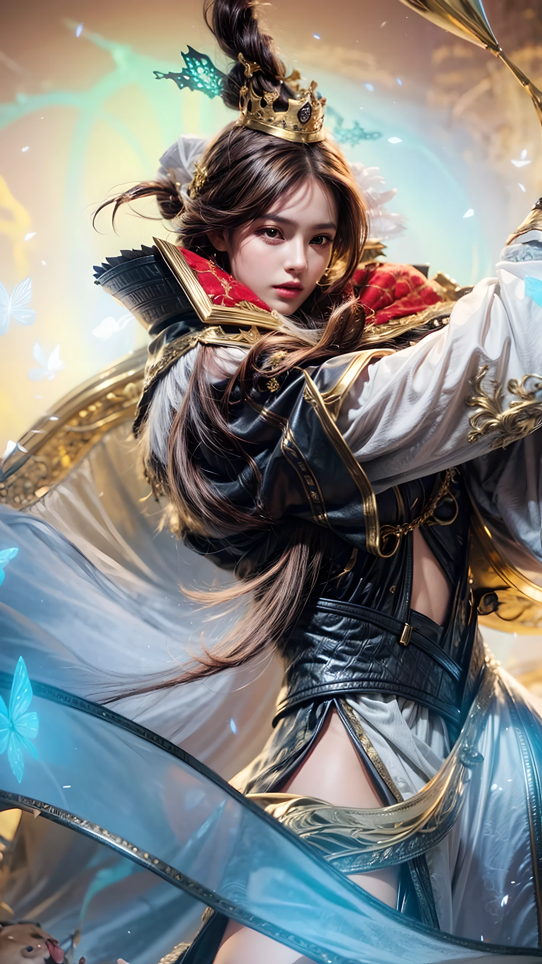 Realistic, 1girl with golden crown on her head, dark brown hair, cinematic, professional lighting, 8k, UHD