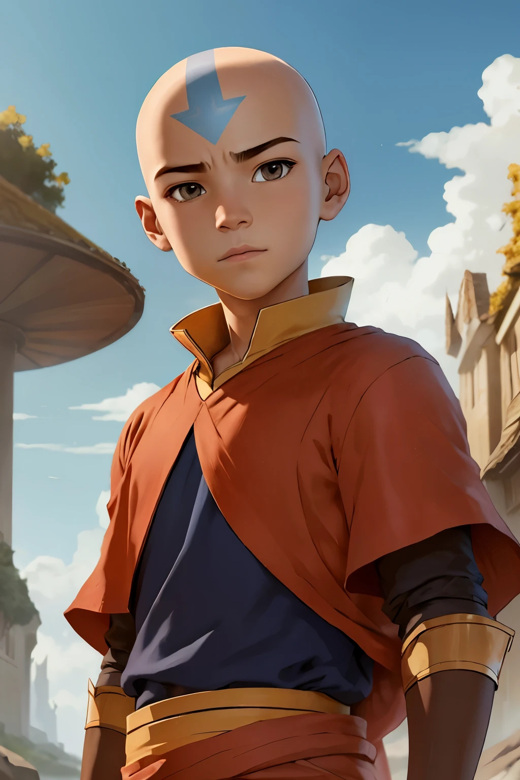 masterpiece, best quality, , 1boy, solo, male focus, looking at viewer, upper body, depth of field, ligne claire, , aang_avatar, bald, black eyes, , , science fiction time travel,