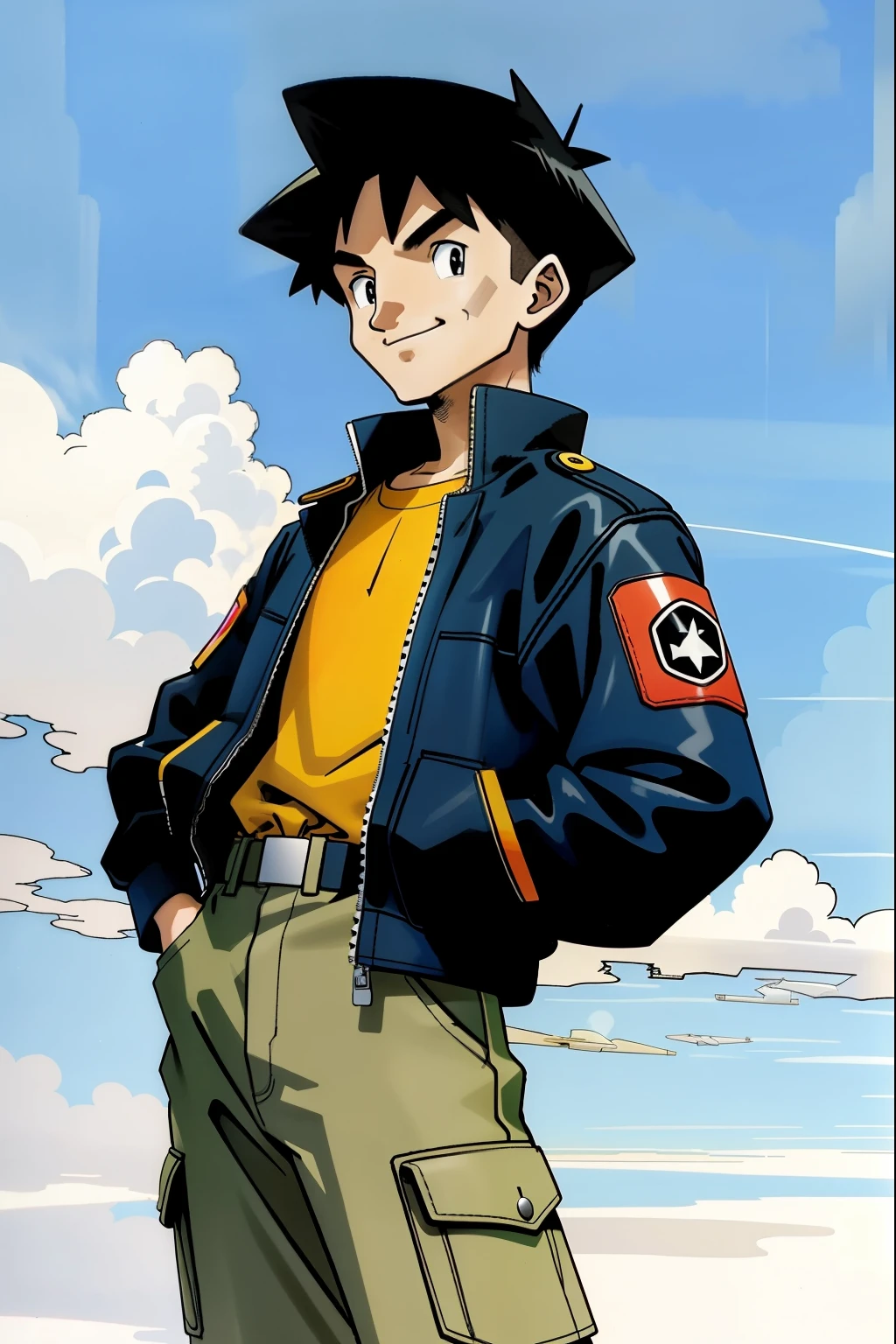 by Ken Sugimori, sugimori 1990s, ((only 1man)), Smiling, older man in bomber jacket and aviation goggles, blue sky background ((hands behind their back)), full black pupils, manga, best quality, highly detailed, clean lines, cowboy shot, good hands, good eyes, hd, 8k, professional, symmetrical, hires, 8k,