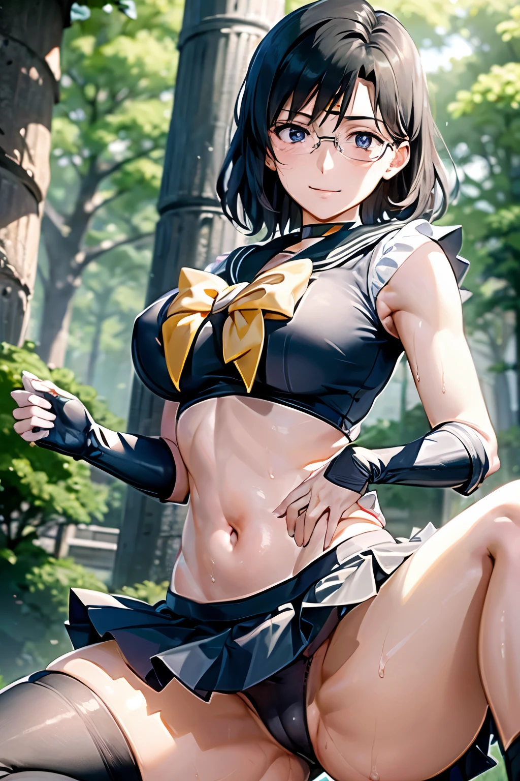 1girl,18yo,perfect hands, perfect finger,perfect anatomy, masterpiece, best quality,realistic, hyperrealistic, 16k hdr,, aamii, short hair, black hair, blue eyes, glasses, (sailor senshi uniform,ultra miniskirt:1.3),outdoor,standing,(sweat:1.1),(happy smile),large breasts,cleavage,erected nipples,(sexy pose:1.2),spread legs,from below,navel