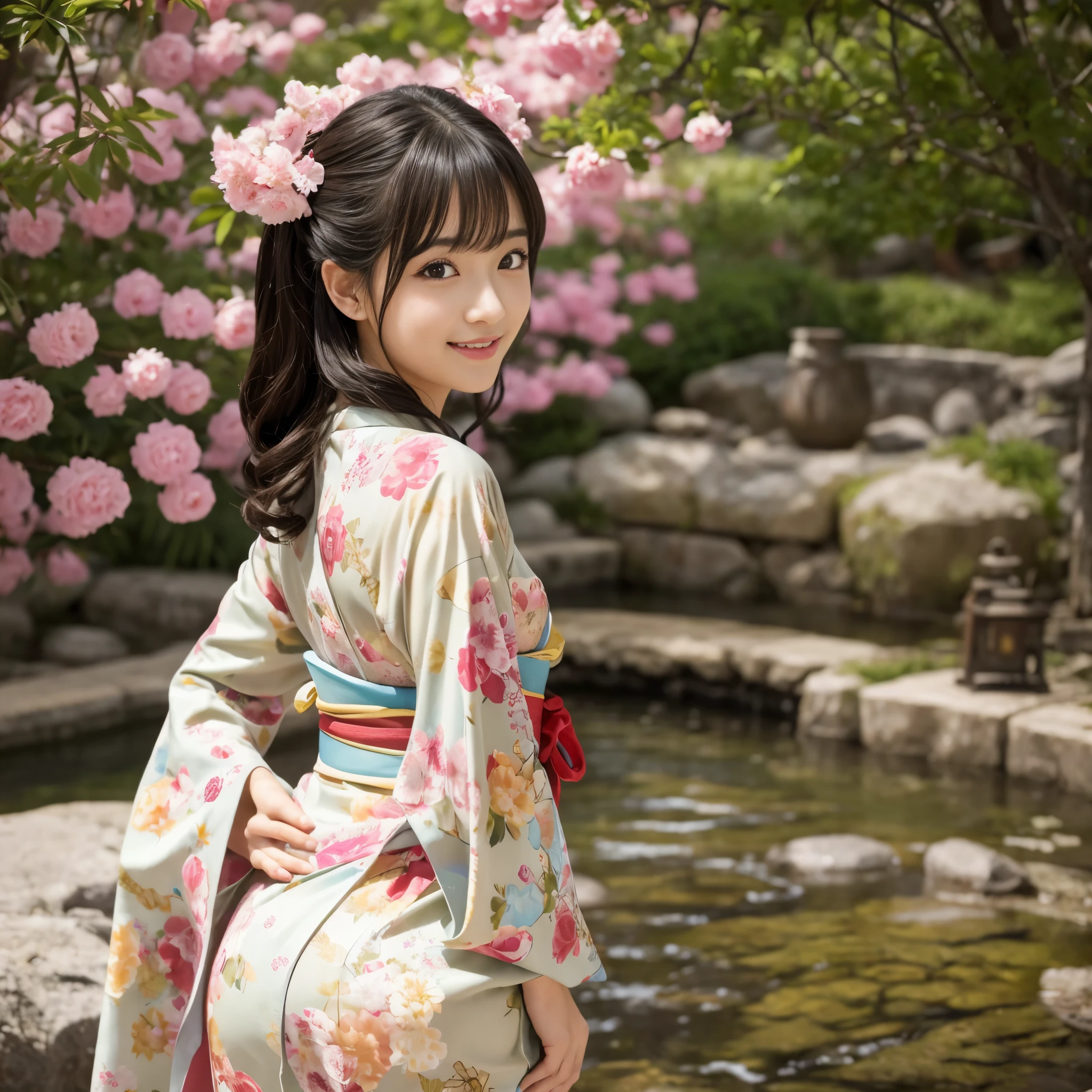 Best-quality, Masterpiece, Ultra-High-Resolution, (Photorealistic:1.4), Raw-Photo, 1girl, the most famous Japanese idol, wearing Japanese-KIMONO, upturned ass that wearing Japanese-KIMONO, looking at viewer, innocent-smile, the most cute face, the most beautiful big-eyes, the most beautiful hair, the most beautiful skins, the most beautiful long-eyelashes, the most beautiful lips, the most beautiful hip