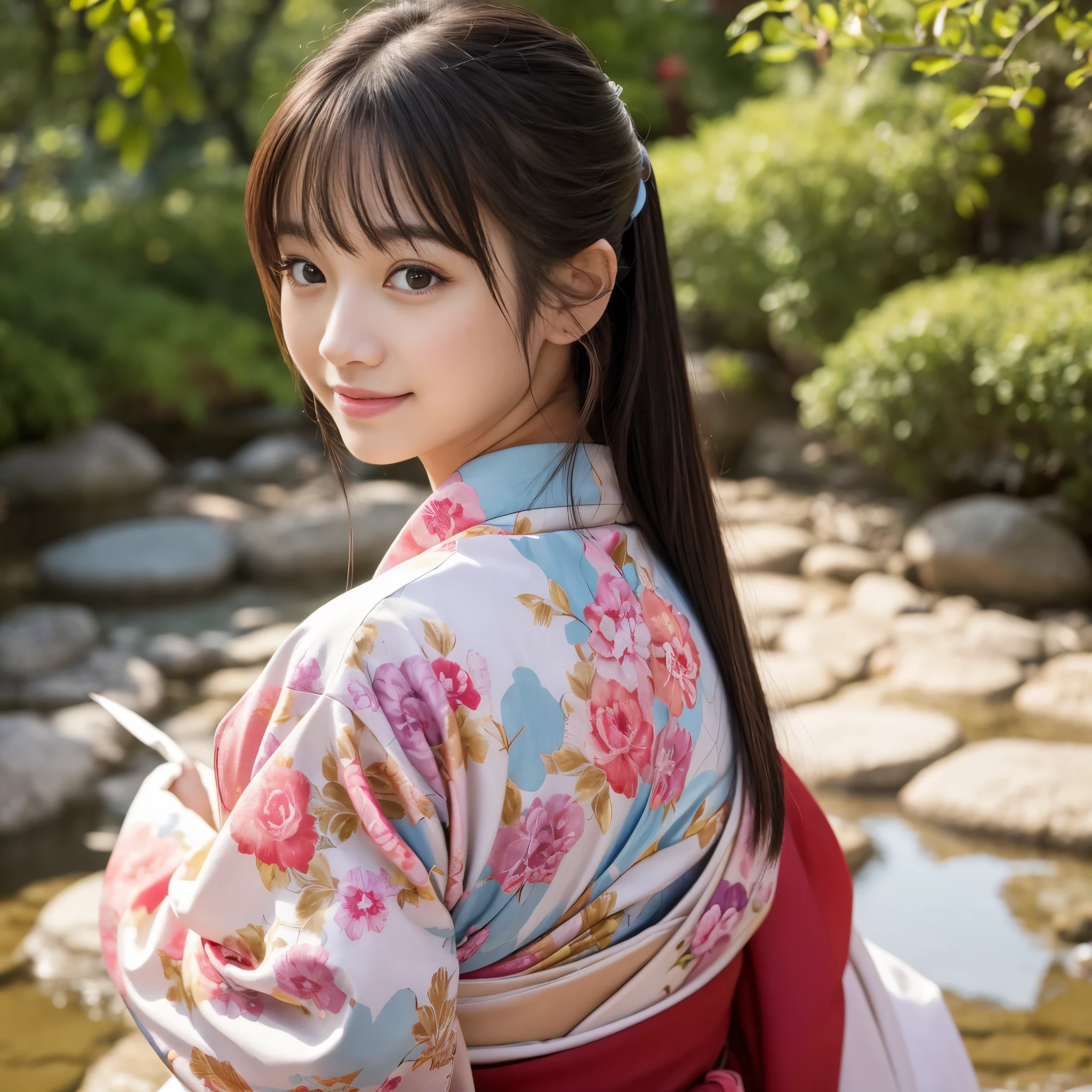 Best-quality, Masterpiece, Ultra-High-Resolution, (Photorealistic:1.4), Raw-Photo, 1girl, the most famous Japanese idol, wearing Japanese-KIMONO, upturned ass that wearing Japanese-KIMONO, looking at viewer, innocent-smile, the most cute face, the most beautiful big-eyes, the most beautiful hair, the most beautiful skins, the most beautiful long-eyelashes, the most beautiful lips, the most beautiful hip