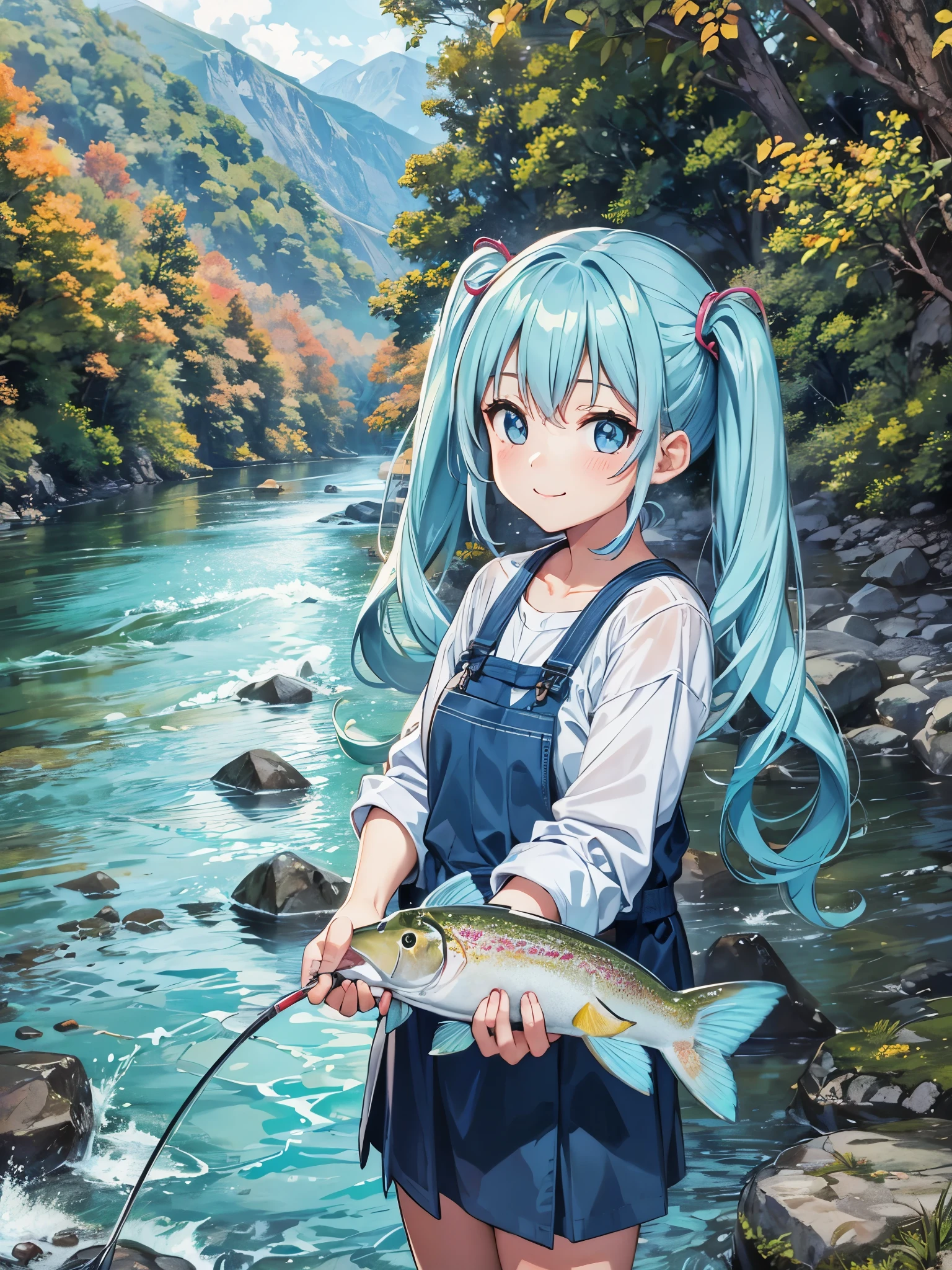 twin tails、Beautiful girl with long light blue hair、adorable smile、mountain stream fishing、I have a big trout that I caught.、fishing clothes、