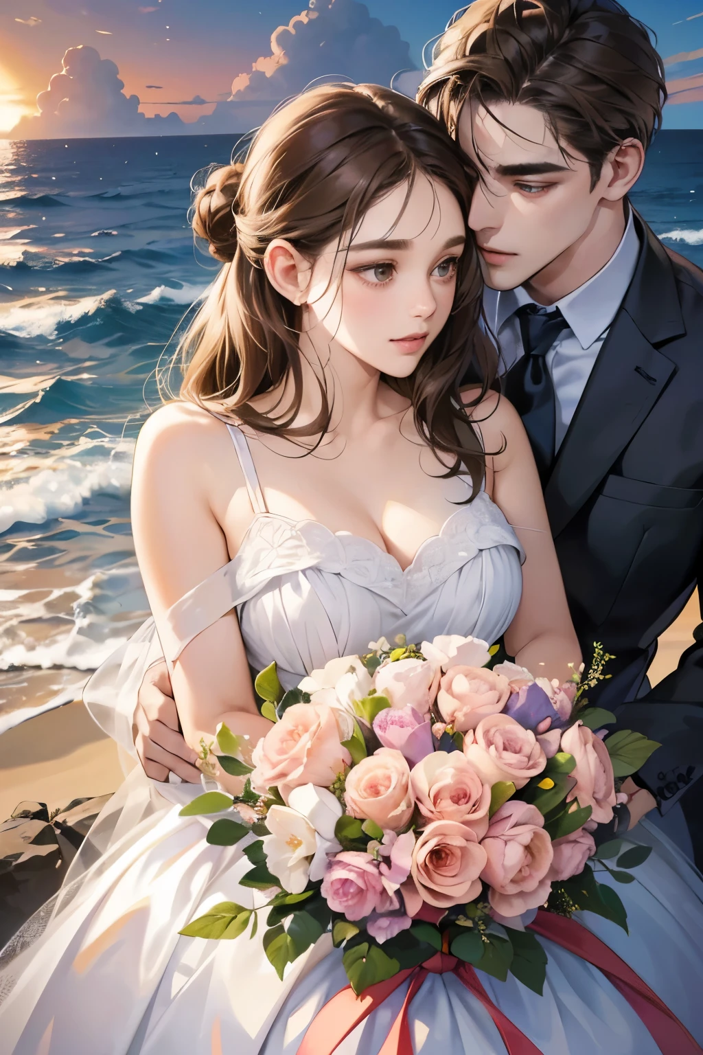 (table top, digital art, digital illustration, 4k, 8k, super detailed, beautiful images, clear image, realistic, RAW photo, perfect face, perfect lines, perfect eyes, soft lighting) 1 female, (light brown hair,chignon hair,innocent look,droopy eyebrows,droopy eyes,With a round face,round chin、innocence,cute,Big eyes,natural makeup,smile gently,E cup,23 years old:1.3),Two handsome men in suits, (human,man wearing a suit,muscular,solid shoulder width,adult male,boyish hairstyle,A man in his 30s with a cool expression,28 year old man with a bright smile:1.2),coastal、beach wedding,(embarrassing,shy smile,bouquet:1.2),Sea side、kiss、カップルkiss、romance porn、couple looking at each other、couple hugging each other