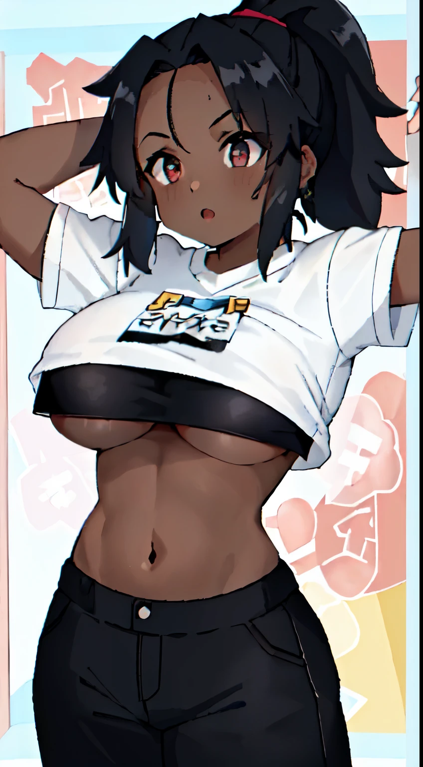 masterpiece, best quality, anime screeshot, a close photo, 1 girl, solo, standing, long hair, black hair, violet eyes,ponytail, white crop top and black yoga pants, slightly muscular, big breasts, huge breasts, looking_at_viewer, expressionless, upper_body, dark skin, ((dark skin: 1.5)), , ((parted bangs: 1.4)), ((massive forehead: 1.2)), ((athletic: 1.4)), toned body (six pack: 1.1), ((underboob: 1.4)),