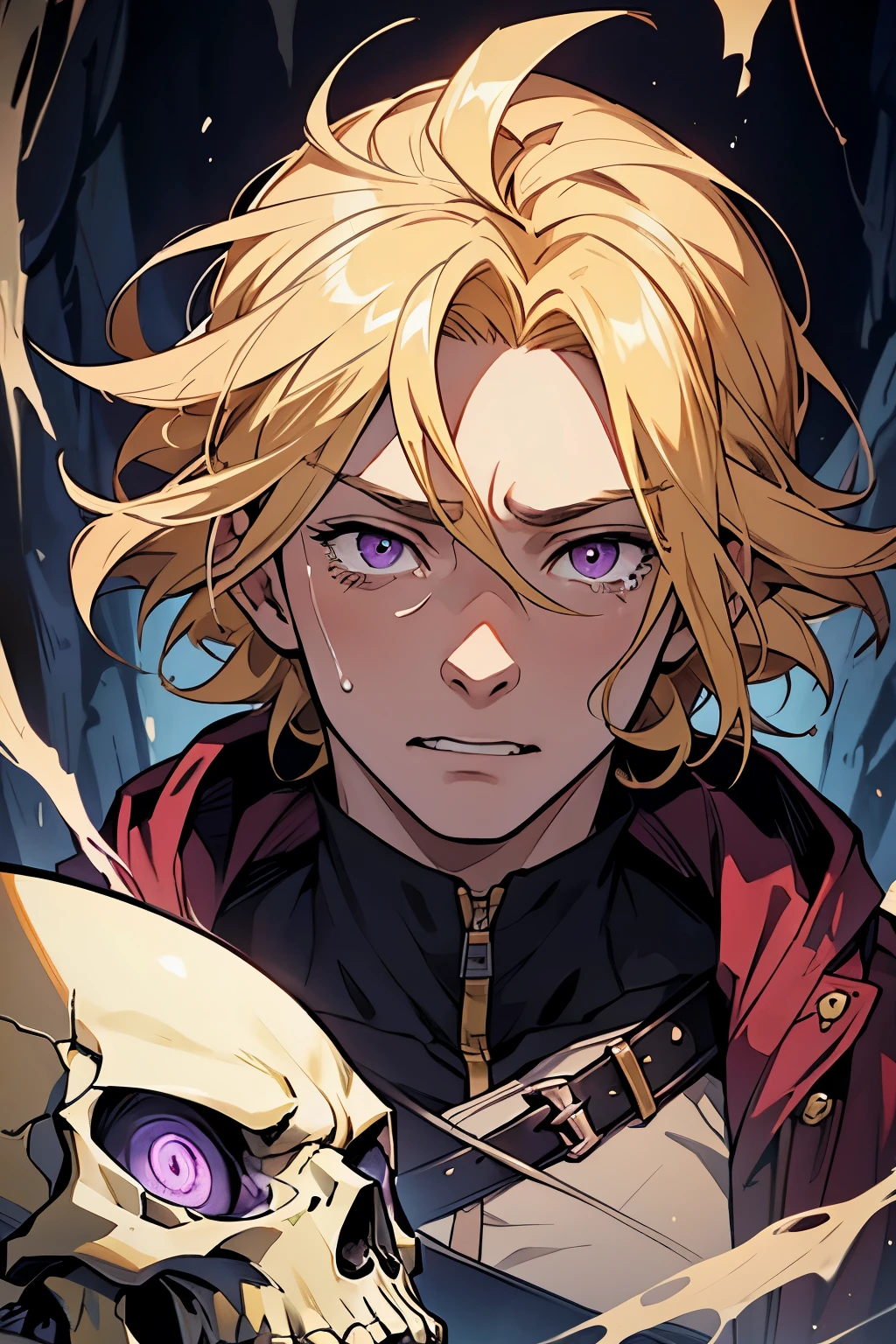 anime - scared face, shocked face, crying face, scared, tears, mouth open, screams, squinting, screaming, looking at the sky, looking up, style image of a young prince with purple eyes and blonde hair, blonde hair, blonde hair, a portrait of a male prince, beautiful male prince, a male prince, portrait of a young prince, handsome guy in demon slayer art, male, young, beautiful androgynous prince, smirk, artwork in the style of guweiz, inside a cave, dark cave, stomach acid, skull, dead skull