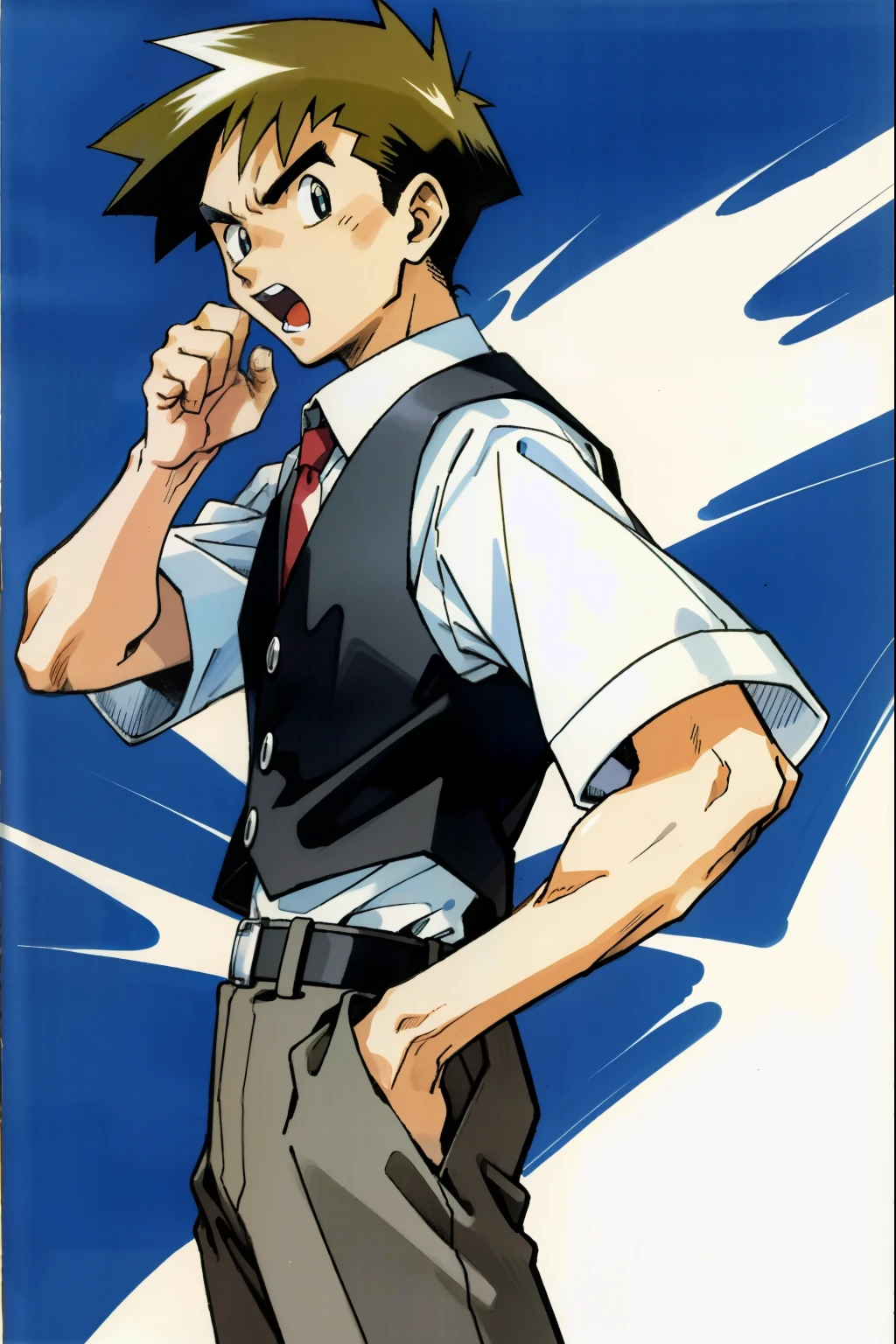 by Ken Sugimori, sugimori 1990s, ((only 1man)), papparazzi, suit vest, shouting, excited ((hands behind their back)), full black pupils, manga, best quality, highly detailed, clean lines, cowboy shot, good hands, good eyes, hd, 8k, professional, symmetrical, hires, 8k,