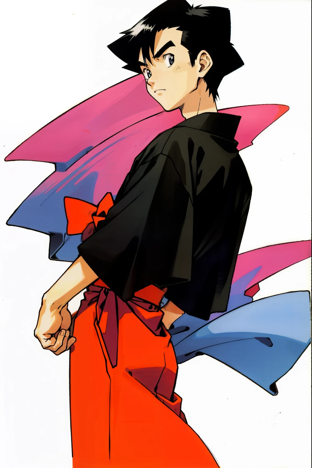 by Ken Sugimori, sugimori 1990s, ((only 1man)) man, kimono, traditionalist, crazed, ((hands behind their back)), full black pupils, manga, best quality, highly detailed, clean lines, cowboy shot, good hands, good eyes, hd, 8k, professional, symmetrical, hires, 8k,