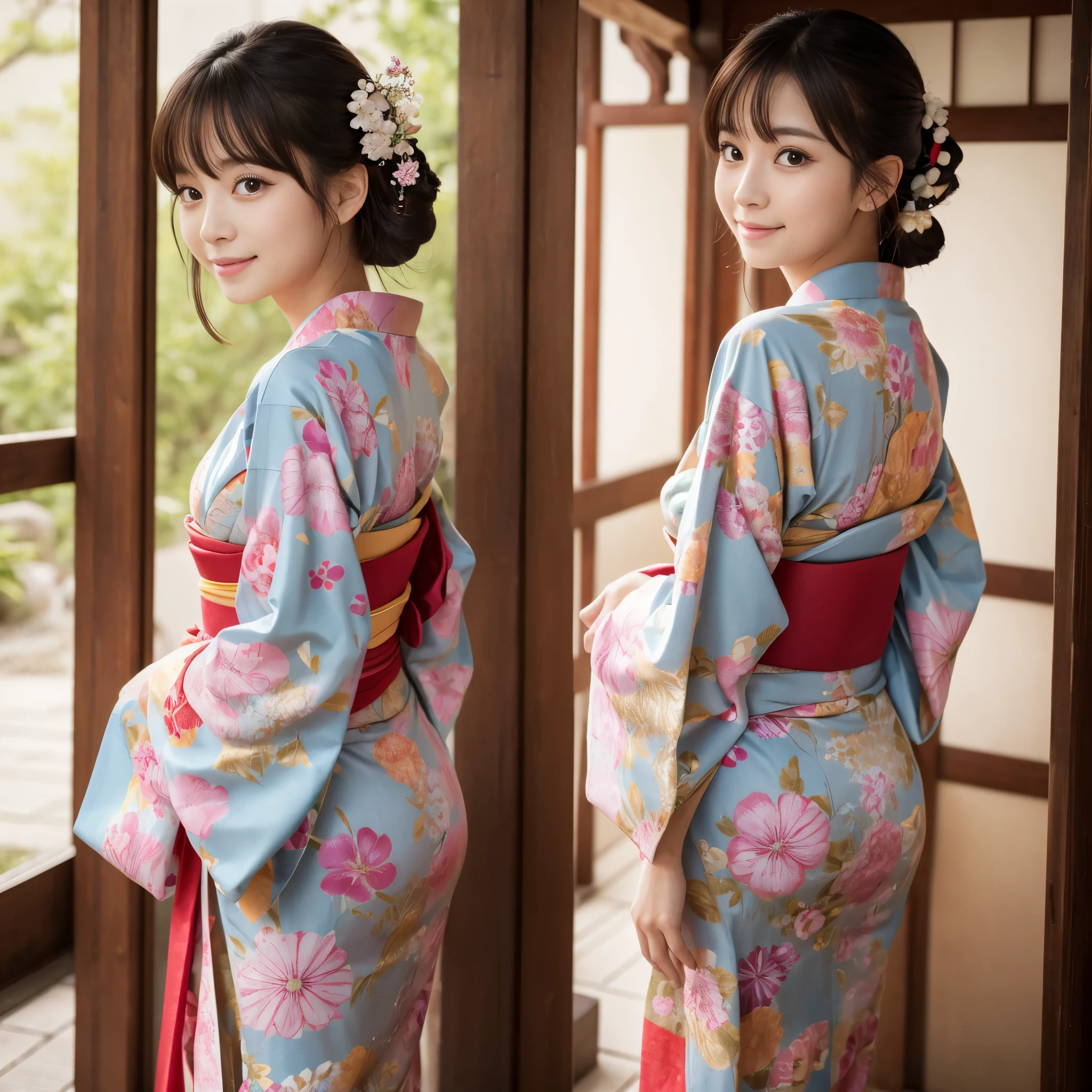 Best-quality, Masterpiece, Ultra-High-Resolution, (Photorealistic:1.4), Raw-Photo, 1girl, the most famous Japanese idol, wearing Japanese-KIMONO, upturned ass that wearing Japanese-KIMONO, looking at viewer, innocent-smile, the most cute face, the most beautiful big-eyes, the most beautiful hair, the most beautiful skins, the most beautiful long-eyelashes, the most beautiful lips, the most beautiful hip