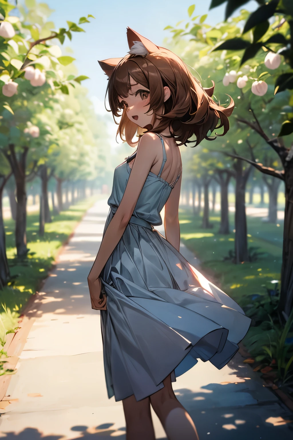 ((Masterpiece)), (Anime:1.3), ((best quality)), (RAW photo:1.2), (Professional Photography:1.3), (super detail), (from behind), (), 8K, cinematic lighting, unruly hair, medium hair, (white cheep camisole), Pudgy body, ((Small breasts)), (rest chin in hands), Very shy, (open mouth), Textured skin, cat ears, pale brown hair, Cute Beautiful girl, BREAK, ((best quality)), ((walking in beautiful orchard)), outdoor idyllic atmosphere,