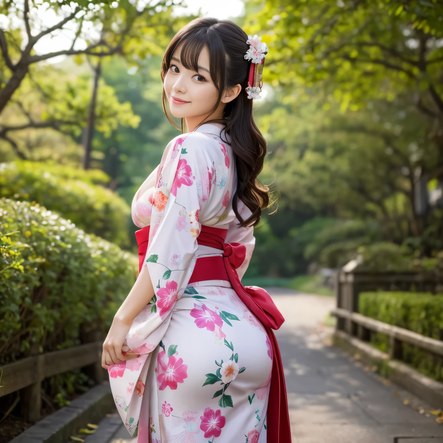 Best-quality, Masterpiece, Ultra-High-Resolution, (Photorealistic:1.4), Raw-Photo, 1girl, the most famous Japanese idol, wearing Japanese-KIMONO, upturned ass that wearing Japanese-KIMONO, looking at viewer, innocent-smile, the most cute face, the most beautiful big-eyes, the most beautiful hair, the most beautiful skins, the most beautiful long-eyelashes, the most beautiful lips, the most beautiful hip