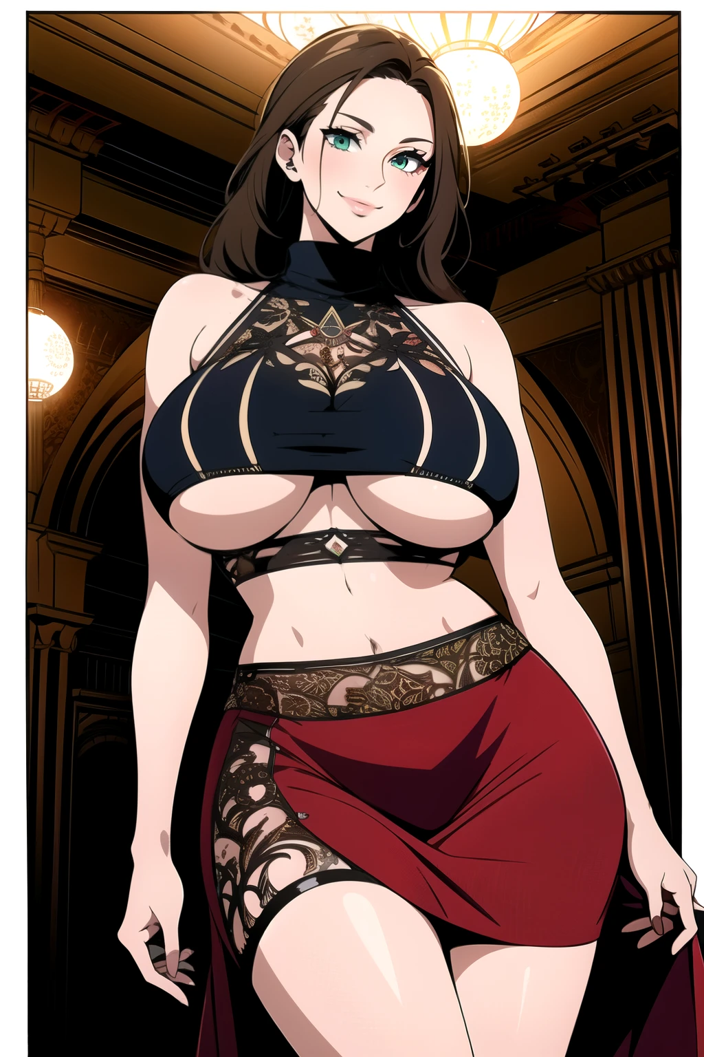 masterpiece, ((ultra detailed background, delicate pattern, intricate detail)), (highly detailed, fine details), best quality, beautiful lighting, (gigantic breasts)), NicoRobinV2, 1girl, (light brown hair), long hair, solo, gigantic breasts, (smile), green eyes, closed mouth, hair slicked back, jewelry, collarbone, (bare shoulders, black crop top, high heels, split skirt, underboob, turtleneck, skin tight, shiny clothes), (complex detailed background, inside, luxury palace), curvy, cowboy shot