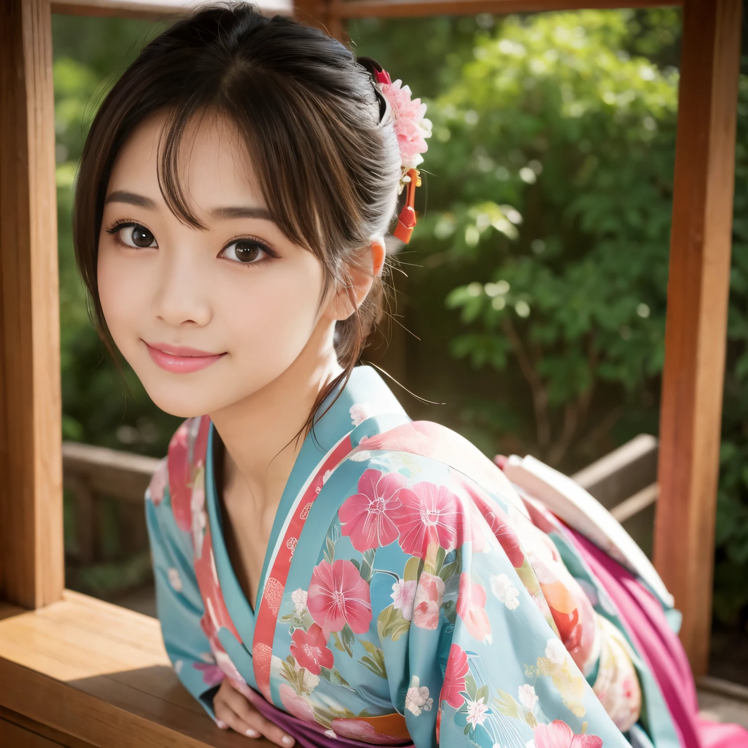 Best-quality, Masterpiece, Ultra-High-Resolution, (Photorealistic:1.4), Raw-Photo, 1girl, the most famous Japanese idol, wearing Japanese-KIMONO, upturned ass that wearing Japanese-KIMONO, looking at viewer, innocent-smile, the most cute face, the most beautiful big-eyes, the most beautiful hair, the most beautiful skins, the most beautiful long-eyelashes, the most beautiful lips, the most beautiful hip