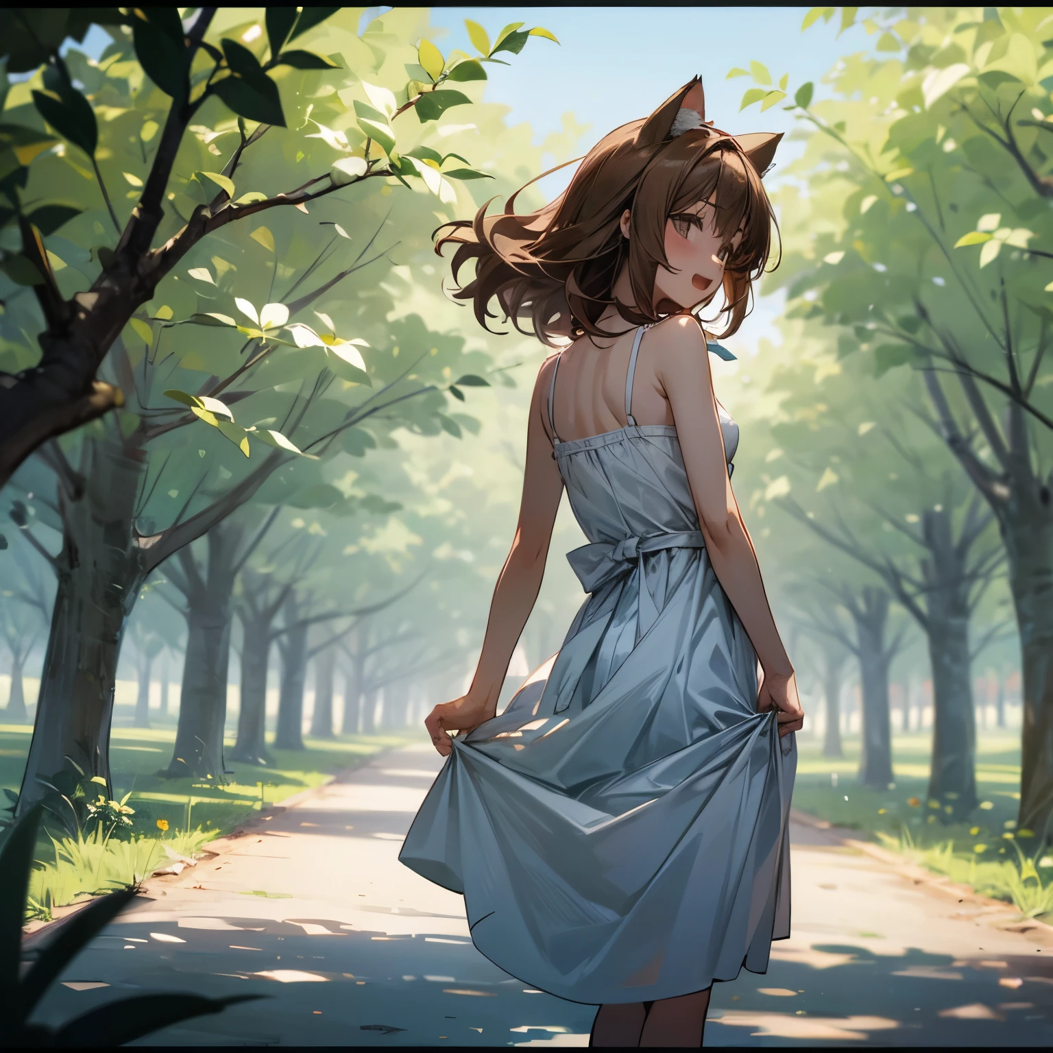 ((Masterpiece)), (Anime:1.3), ((best quality)), (RAW photo:1.2), (Professional Photography:1.3), (super detail), (from behind), (12 years old), 8K, cinematic lighting, unruly hair, medium hair, (white cheep camisole), Pudgy body, ((Small breasts)), (rest chin in hands), Very shy, (open mouth), Textured skin, cat ears, pale brown hair, Cute Beautiful girl, BREAK, ((best quality)), ((walking in beautiful orchard)), outdoor idyllic atmosphere,