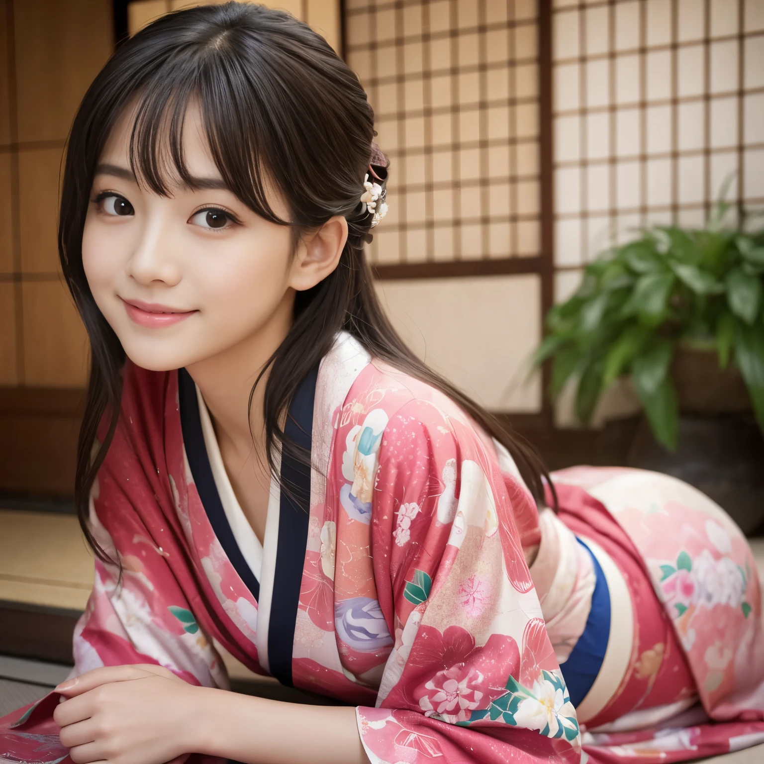 Best-quality, Masterpiece, Ultra-High-Resolution, (Photorealistic:1.4), Raw-Photo, 1girl, the most famous Japanese idol, wearing Japanese-KIMONO, upturned ass that wearing Japanese-KIMONO, looking at viewer, innocent-smile, the most cute face, the most beautiful big-eyes, the most beautiful hair, the most beautiful skins, the most beautiful long-eyelashes, the most beautiful lips, the most beautiful hip