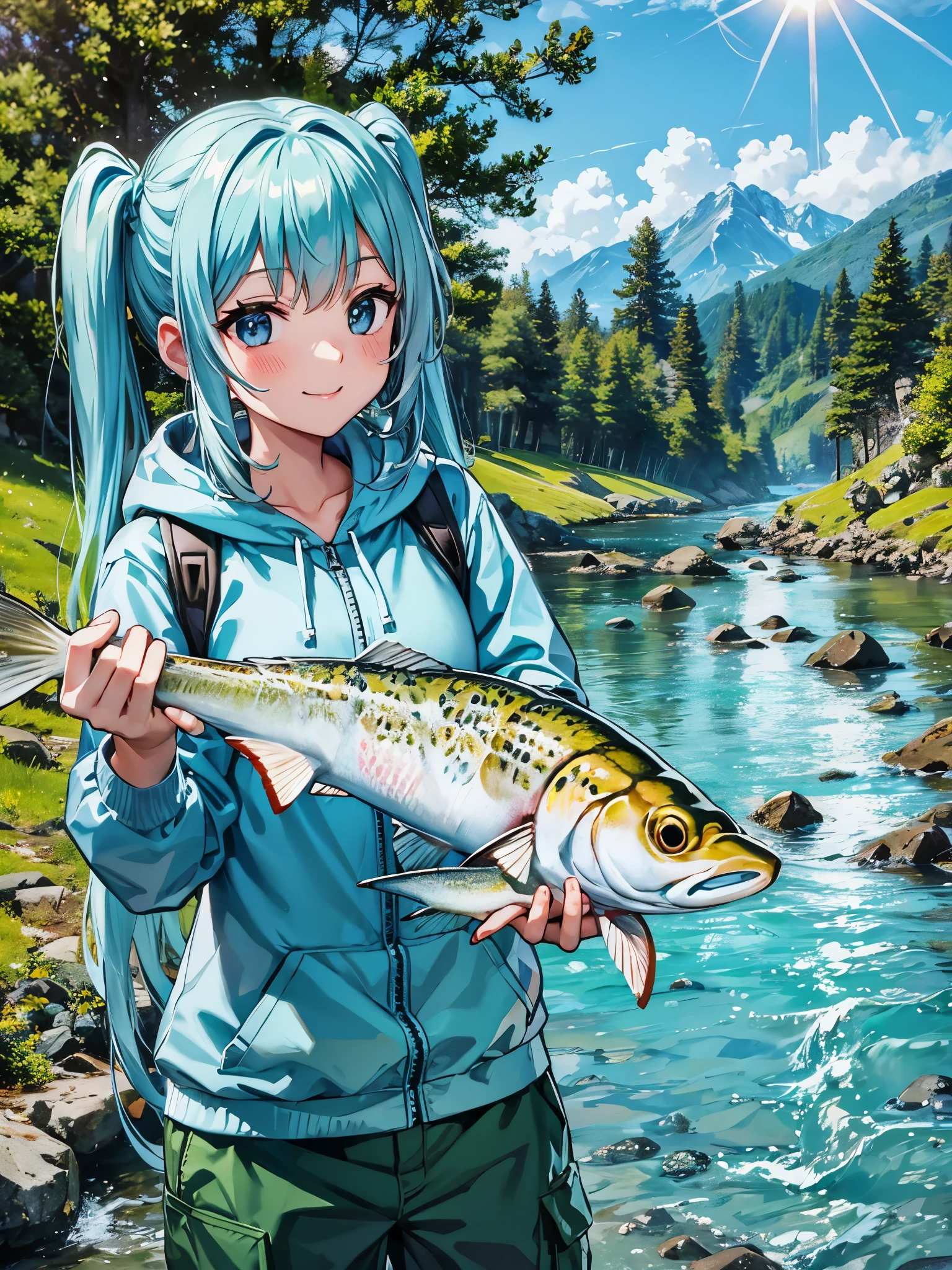 I have a large trout that I caught.、twin tails、Beautiful girl with long light blue hair、adorable smile、mountain stream fishing、fishing clothes、long sleeve hooded、outdoor jacket、hoodie、waders、Long pants for fishing、for camping、sports backpack)