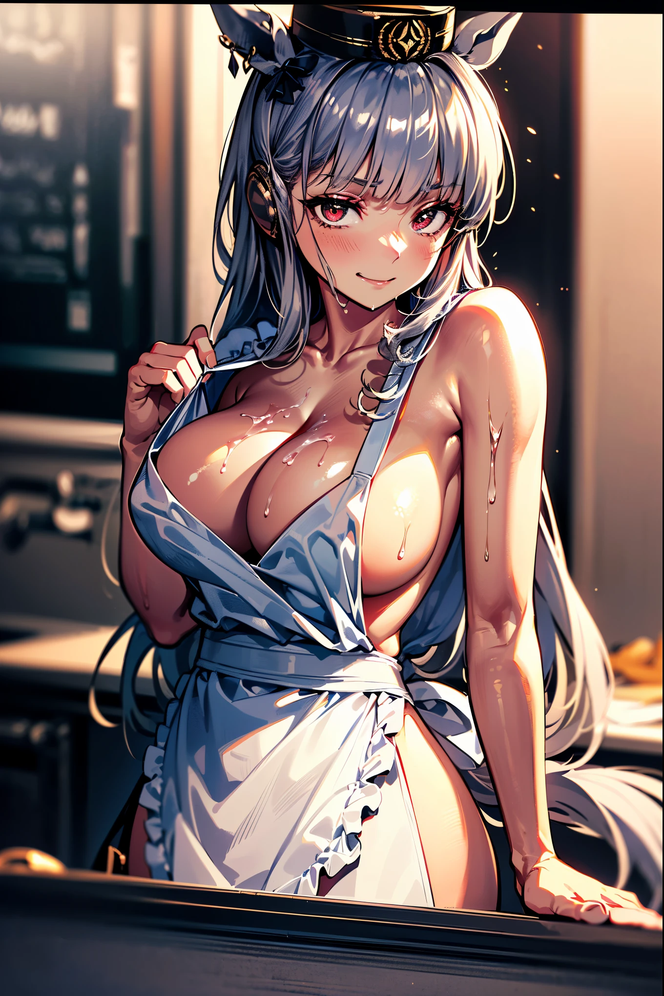 (masterpiece, best quality:1.2), (high resolution, 8K RAW photo, photo realistics, clear focus, weak outline:1.3), (cinematic lighting, moody image atmosphere, textile shading), pov, solo, (milf:1.5), ((nfsw:1.5, fuge breast:1.3, big tits, breast cleavage, harass sexually, in heat, presenting)), ((beautiful eyes with highlight:1.3)), raised sexy, ((silver hair)), long hair, asymmetric hair, half updo hair , ((red eyes eyes)), bokeh , tight focus, (correct anatomy:1.6, ideal ratio of body proportions), ((horse ears on head)), (big ass), ((naked with white apron)), (hat on head), (in kitchen), (horny), (wet pussy), (seductive smile),