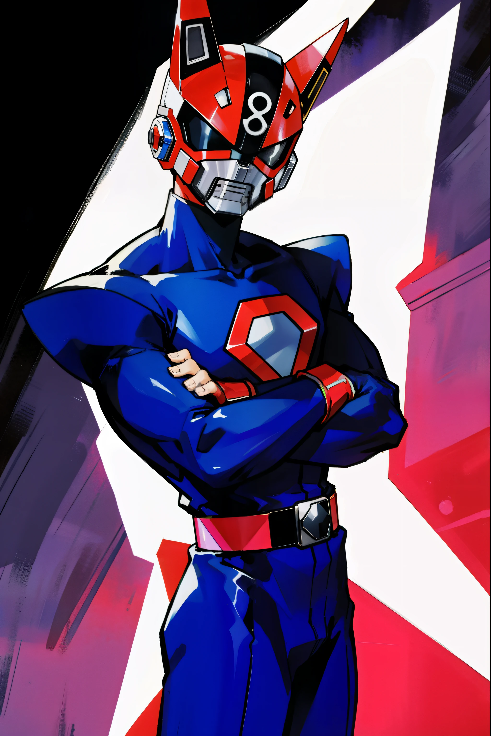 by Ken Sugimori, sugimori 1990s, ((only 1man)), super sentai, power ranger, ((super hero mask over his face)), purple super hero uniform ((hands behind their back)), full black pupils, manga, best quality, highly detailed, clean lines, cowboy shot, good hands, good eyes, hd, 8k, professional, symmetrical, hires, 8k,