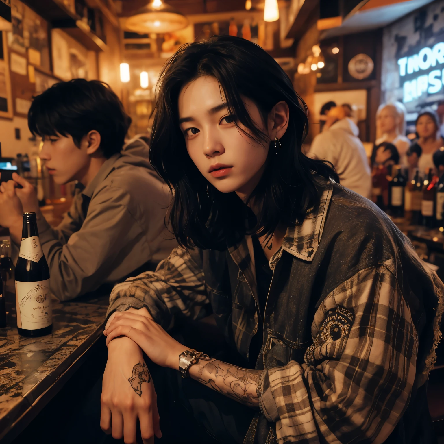 there is a man sitting at a bar with a bottle of beer, male ulzzang, Jeon Jungkook, beautiful korean boy, jeon Jungkook, ulzzang, handsome japanese demon boy, mid shot portrait, jungkook