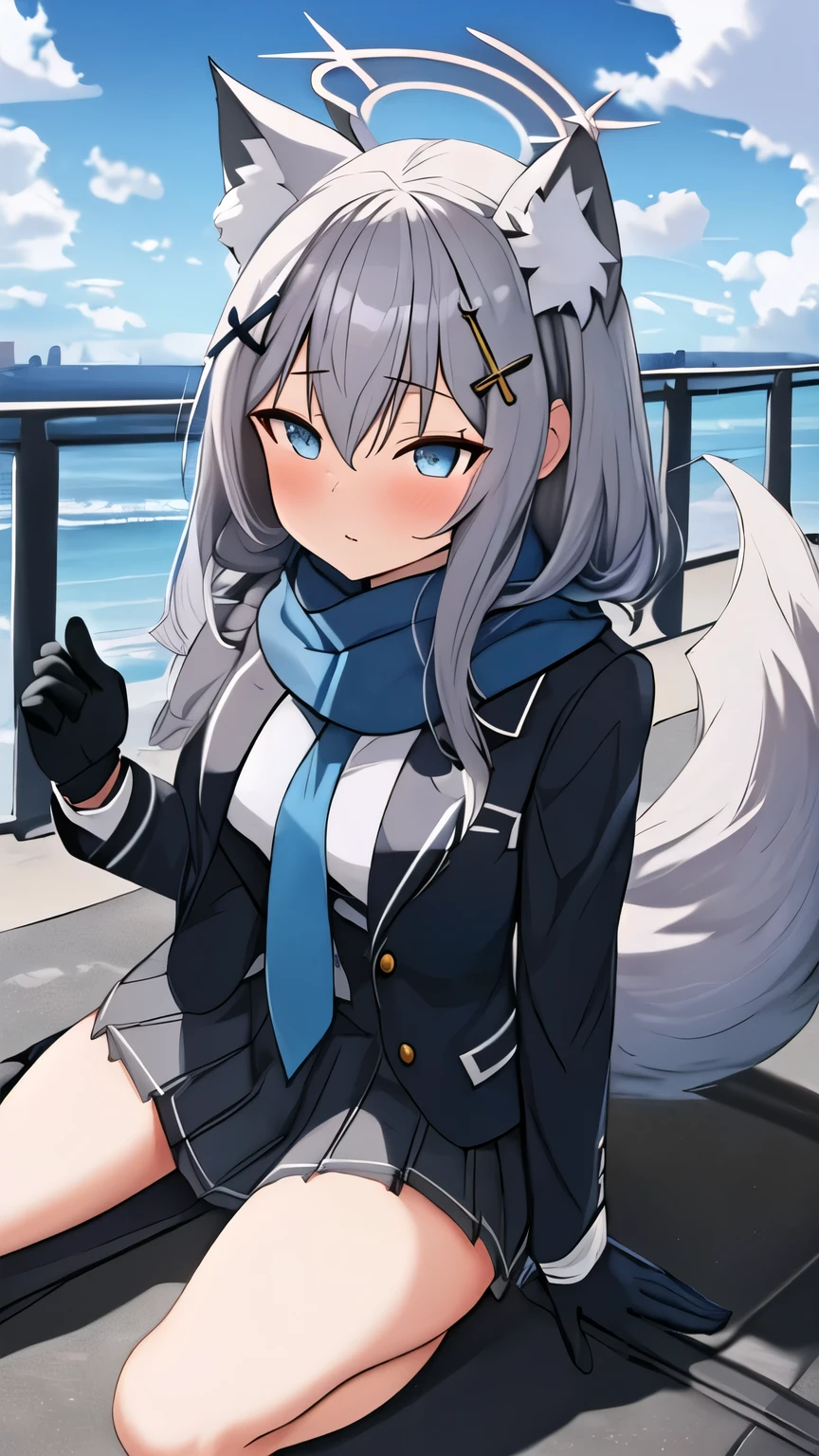 best quality, masterpiece, highres, solo,((full body)), {shiroko_bluearchive:1.15}, animal_ears, animal_ear_fluff, bangs, blue_eyes, grey_hair, hair_ornament, halo, cross_hair_ornament, mismatched_pupils, extra_ears, medium_hair, blush, breasts, cat_ears, hair_between_eyes, wolf_ears, 1girl, blue_scarf, jacket, looking_at_viewer, scarf, shirt, white_shirt, school_uniform, sky, blue_sky, outdoors, cloud, day, parted_lips, gloves, thin legs,toes,