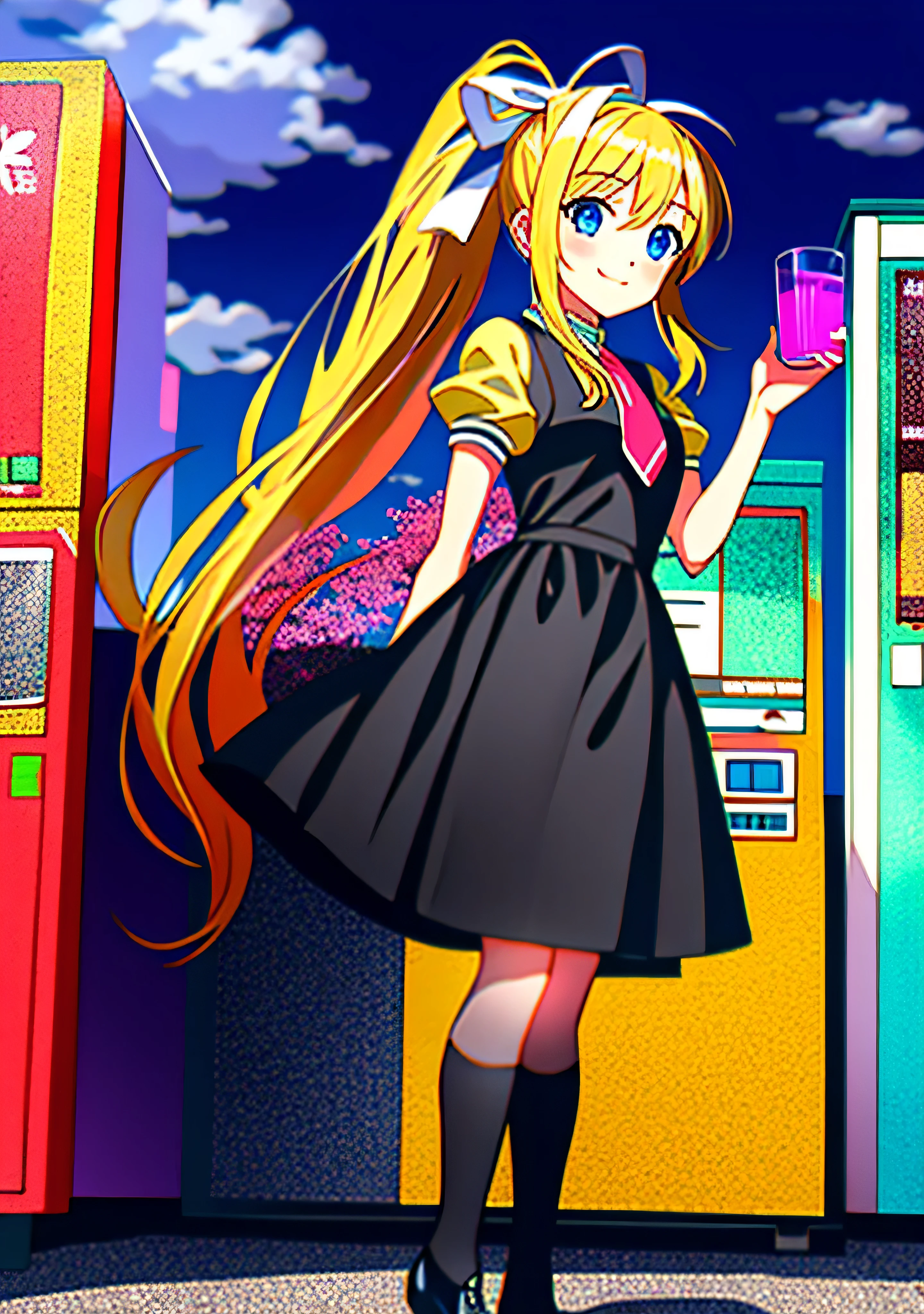 1girl, best quality, hdr, kamio misuzu, AIR, blue eyes, long hair, blonde hair, ponytail, white ribbon on hair, , black dress, yellow shirt, red tie, extra long black socks, black boots, holding one pink juice box in each hand, looking at viewer, offering to viewer what she has on hand, smiling, standing in front of a vending machine, full body, sunny, summer