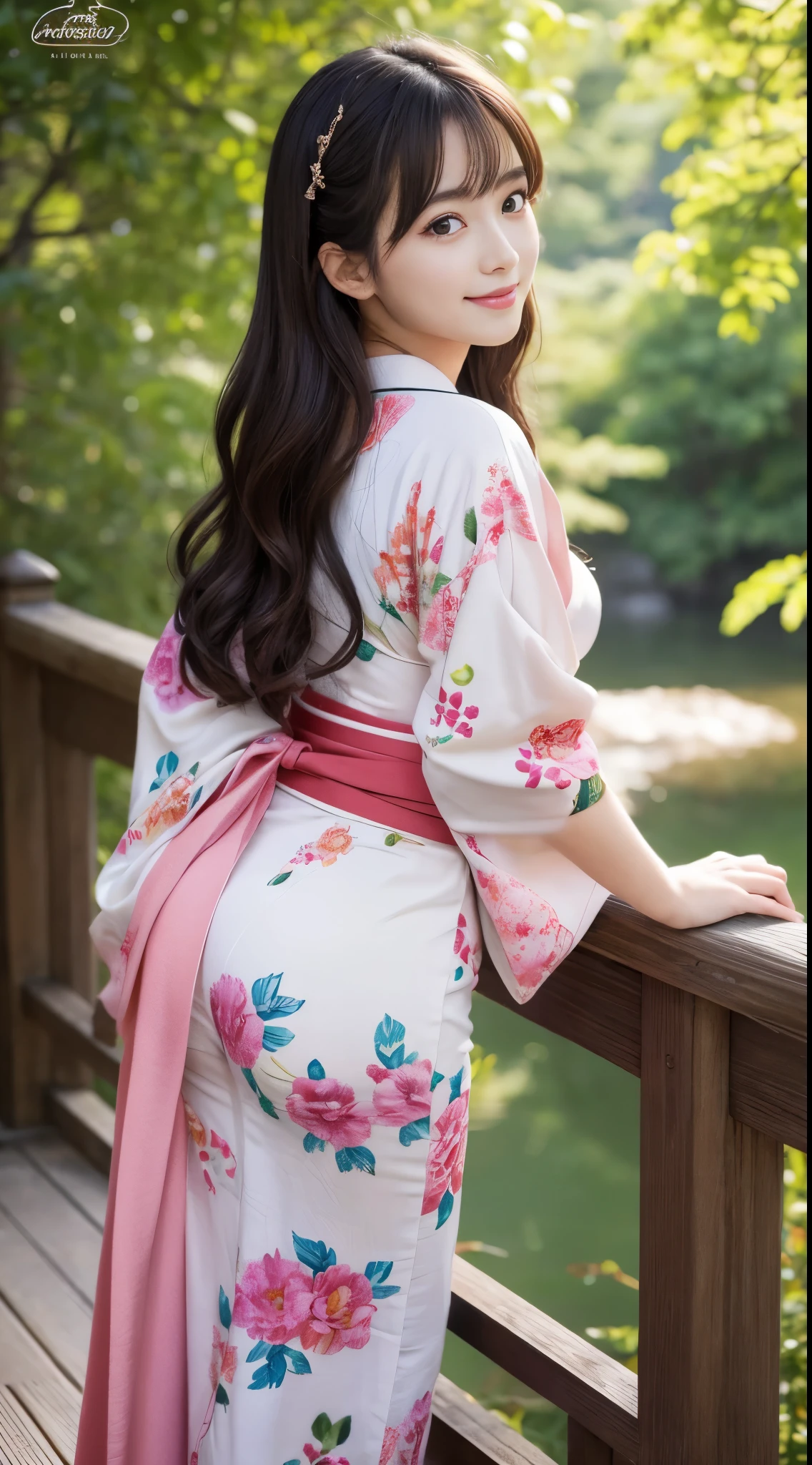 Best-quality, Masterpiece, Ultra-High-Resolution, (Photorealistic:1.4), Raw-Photo, 1girl, the most famous Japanese idol, wearing Japanese-KIMONO, upturned ass that wearing Japanese-KIMONO, looking at viewer, innocent-smile, the most cute face, the most beautiful big-eyes, the most beautiful hair, the most beautiful skins, the most beautiful long-eyelashes, the most beautiful lips, the most beautiful hip