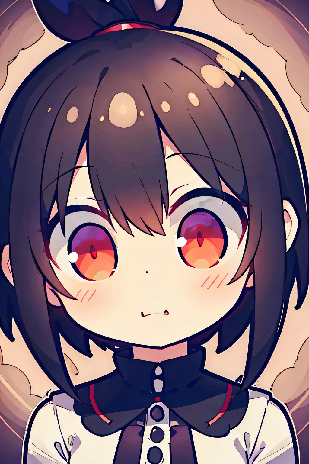 4 year old girl, Red eyes, short black hair, shy, embarrassed and teary eyed, sitting on a big bed, in a luxurious room with dim lights, View from above. night atmosphere, intimate and reddish, transmitting sadness, curiosity and perversion
