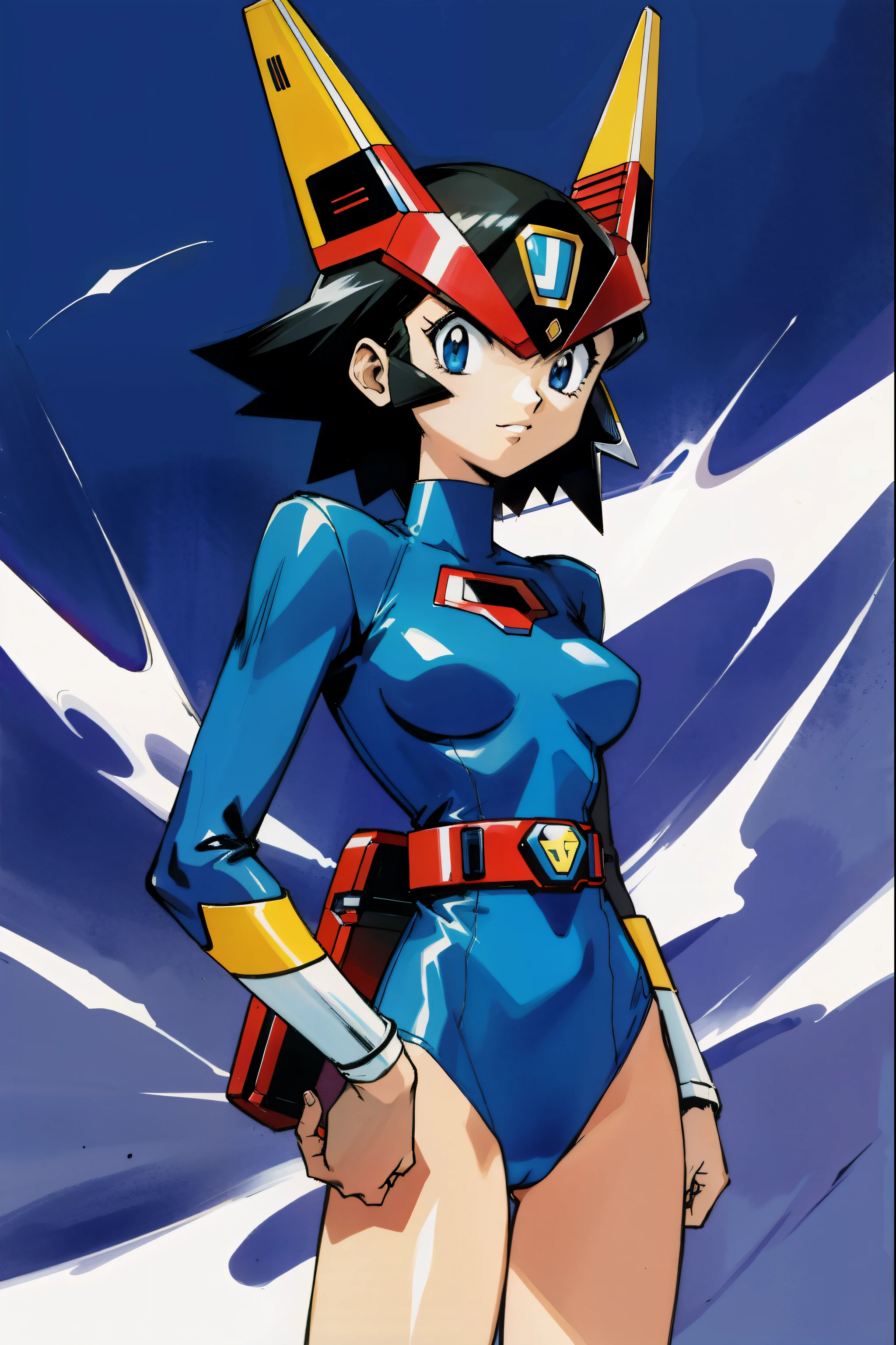 by Ken Sugimori, sugimori 1990s, ((only 1woman)), super sentai, power ranger, ((super hero mask)), blue super hero uniform ((hands behind their back)), full black pupils, manga, best quality, highly detailed, clean lines, cowboy shot, good hands, good eyes, hd, 8k, professional, symmetrical, hires, 8k,