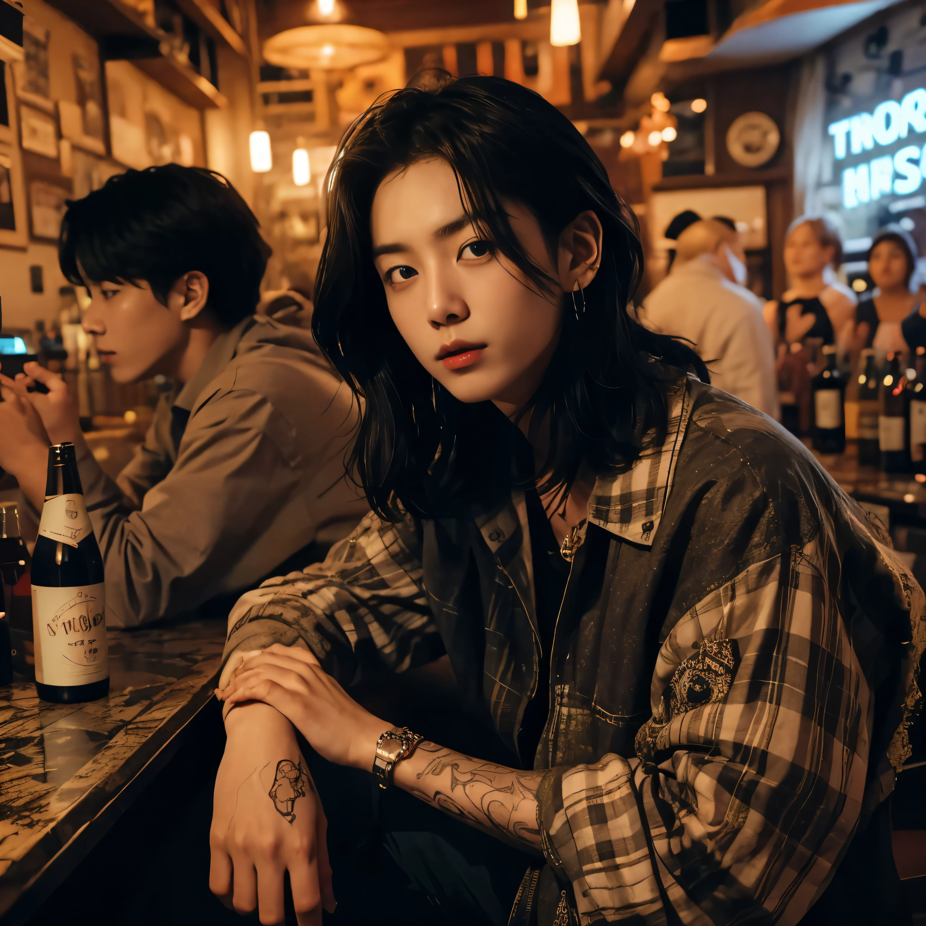 there is a man sitting at a bar with a bottle of beer, male ulzzang, Jeon Jungkook, beautiful korean boy, jeon Jungkook, ulzzang, handsome japanese demon boy, mid shot portrait, jungkook