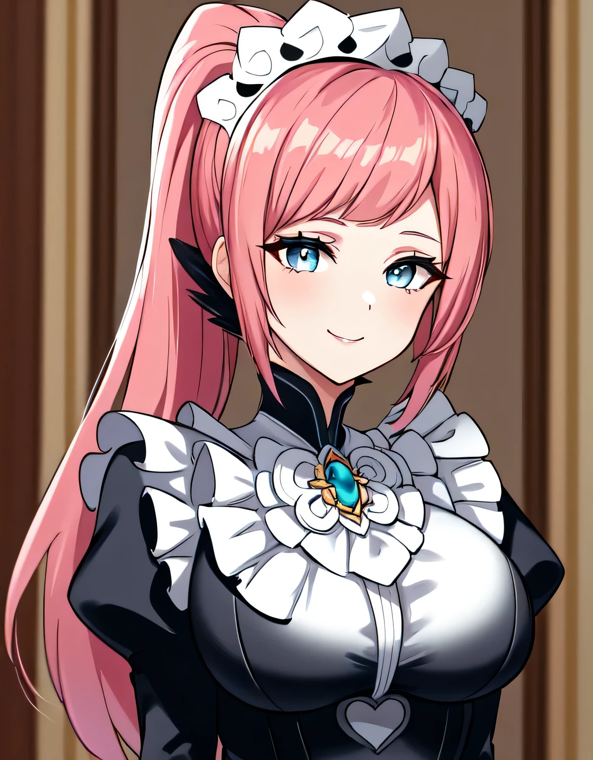 feliciadef,maid,maid headdress,(big breasts:1.5),shiny,hair,((alone)),((masterpiece)),((highest quality)),perfect anatomy,slim waist,perfect image,8k uh,(detailed and beautiful eyes:1.5),highly detailed face,Are standing,(Upper body:1.1),(look ahead:1.1),back arm,Super detailed,disorganized,High resolution,indoor hall,light smile,pink hair,(light blue eyes),