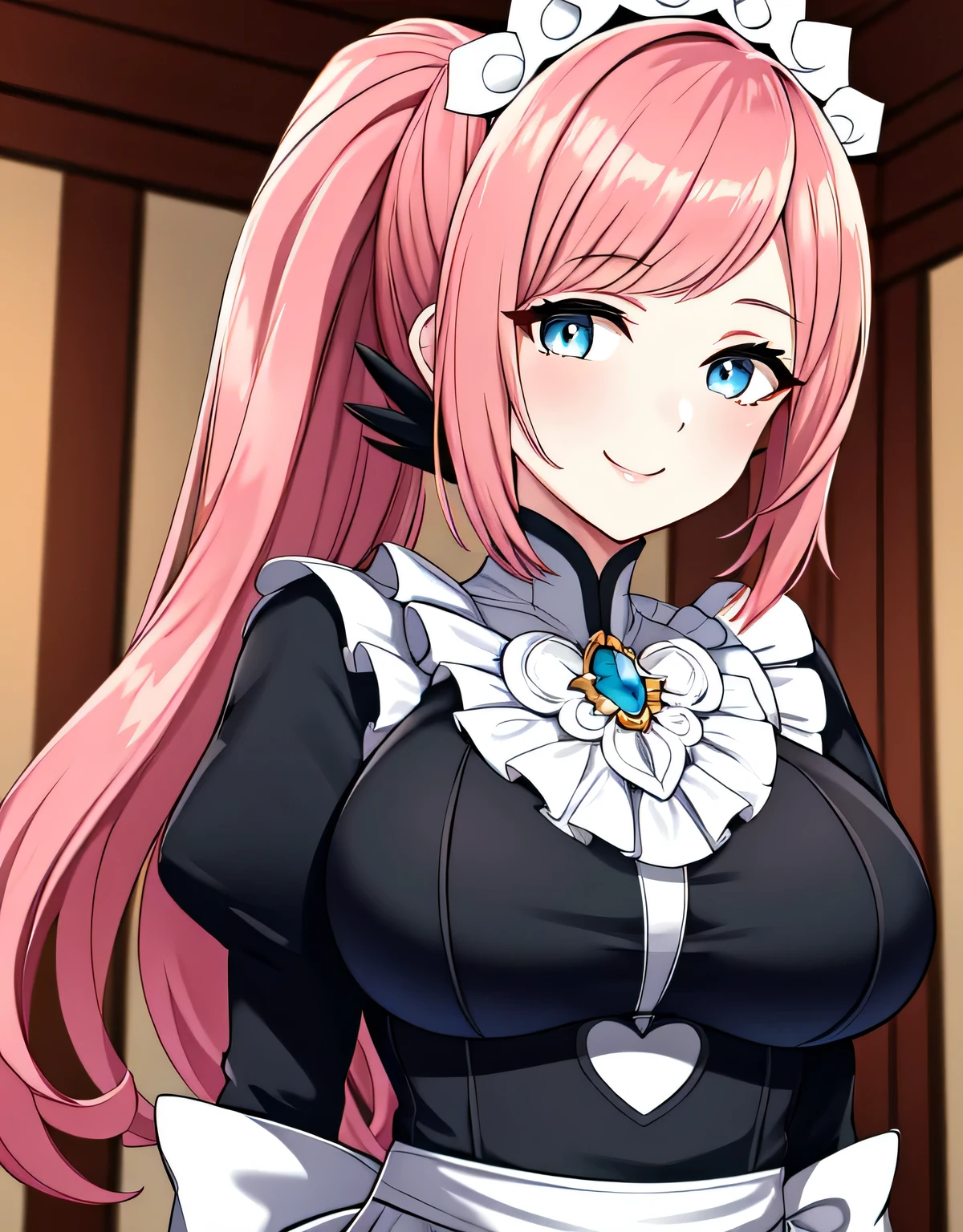 feliciadef,maid,maid headdress,(big breasts:1.5),shiny,hair,((alone)),((masterpiece)),((highest quality)),perfect anatomy,slim waist,perfect image,8k uh,(detailed and beautiful eyes:1.5),highly detailed face,Are standing,(Upper body:1.1),(look ahead:1.1),back arm,Super detailed,disorganized,High resolution,indoor hall,light smile,pink hair,(light blue eyes),