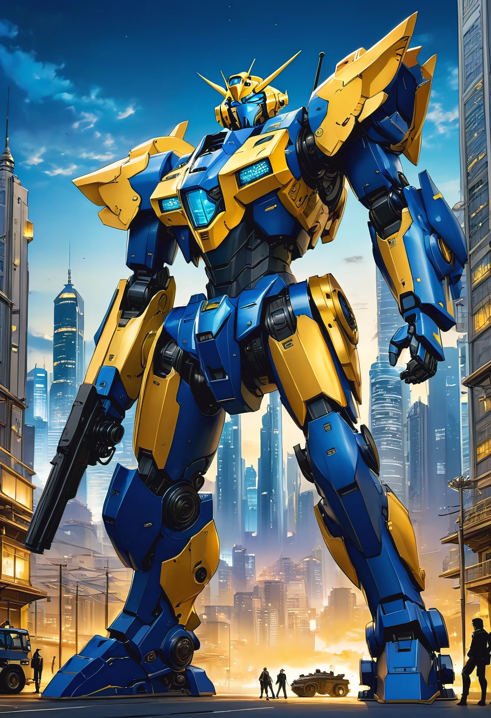 (masterpiece, best quality, manga style:1.2), manga panels, a majestic blue and yellow mecha guarding the city, shield, weapon, detailed machinery, city skyline, sky, late evening