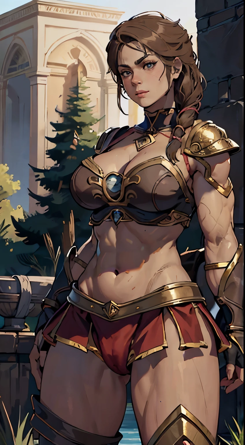 Best quality, artwork, long dark brown hair, detailed skin texture, detailed cloth texture, detailed face, super detailed, 8k, intricate detail, 1girls, abs, alternate body type, alternate breast size, bare arms, bare midriff, bare thighs, belly button, big breasts, bikini top, blue eyes, bottomless, bearing hips, choker, cleavage, collarbone, exposed pussy, female, female only, fingerless gloves, freckles, front view, innie pussy, light skin, light-skinned female, long hair, nudity, pussy, iron shoulder armor, skimpy, cleaving skimpy clothes, solo, thick lips, thick thighs, toned, toned female, toned stomach, vulva, wide hips, (((cameltoe))), ((tick body)), ((large chubby hips)), (((cleavage))), ((wide pubis)), ((spartan red skirt))