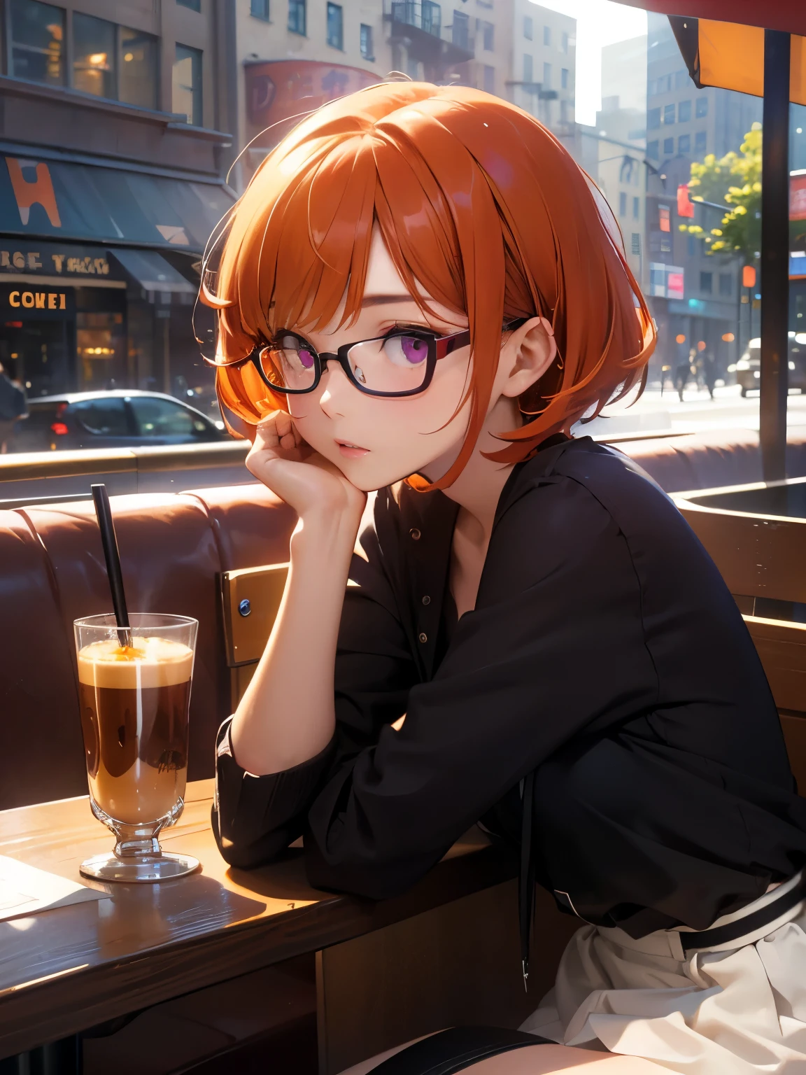 Cafes in New York、drinking coffee on the outdoor terrace、highest quality, 20 year old woman,Shadow, red-purple eyes、 short hairstyle、straight short、orange hair、cute girl、wearing glasses、,Upper body,random reflections,natural skin texture,Face looking up,drooping corners of the eyes,soft light,sharp,