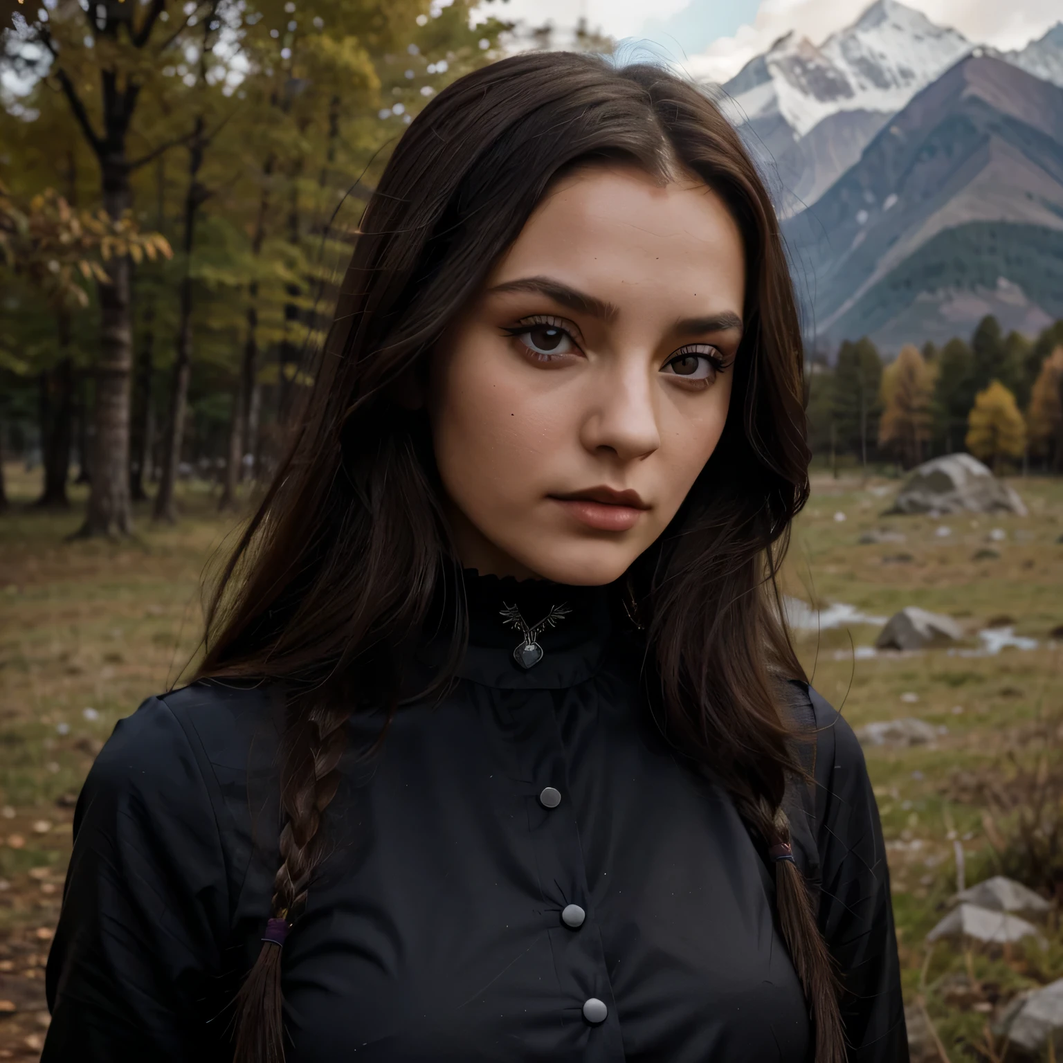 Albanian, girl, long brown hair, blue eyes, Brunette, Himalayan mountain ranges, Harmony, Gothic choker, Posed photo, Natural beauty, Brunette girl, Wednesday Addams costume, Serious pose, Gothic attire, Enchanting gaze