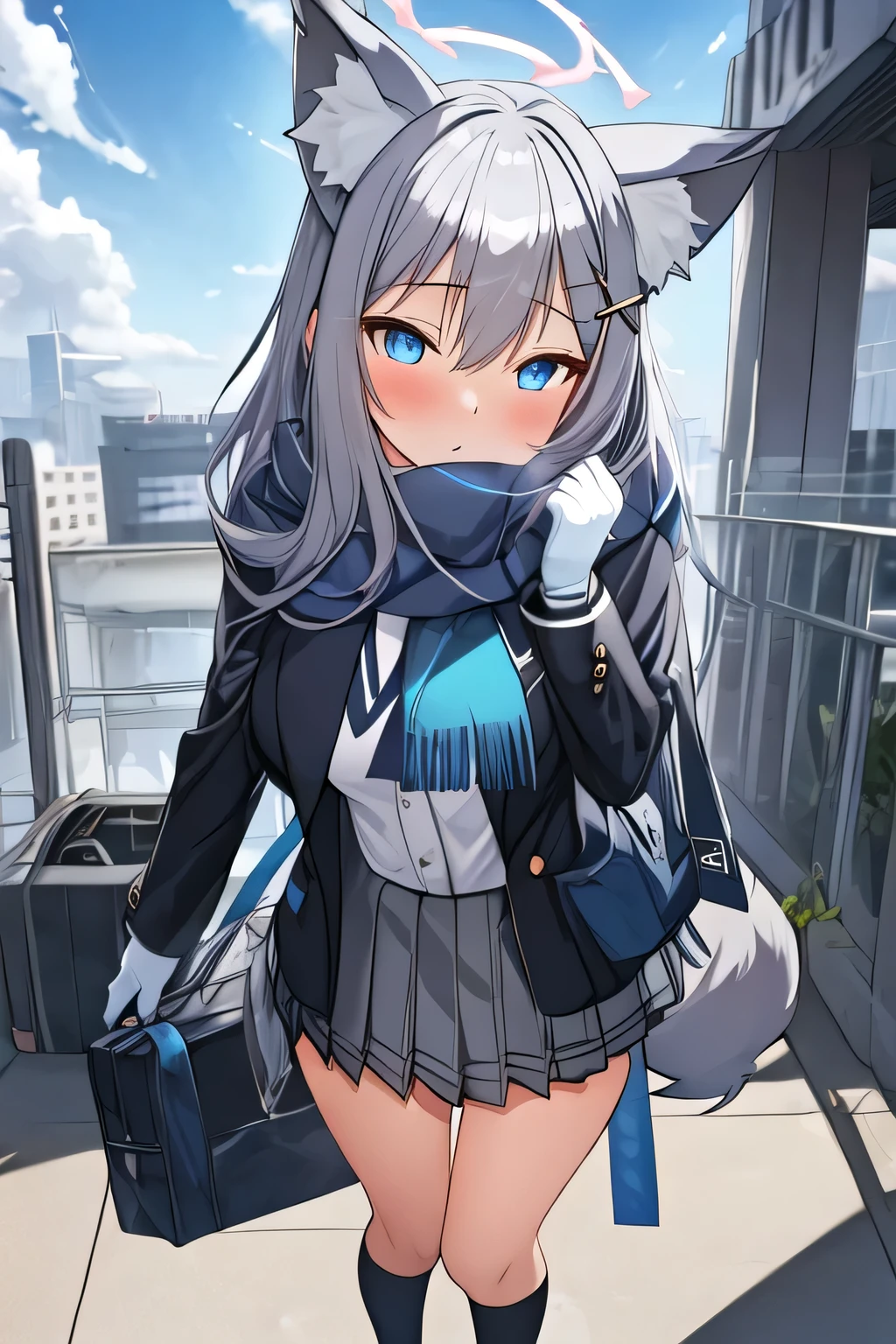 highest quality, masterpiece, High resolution, 一人in,((full body)), {Shiroko_bluearchive:1.15}, animal_ears, animal_ear_fluff, 前hair, green_eye, gray_hair, hair_ornament, Hello, cross_hair_ornament, misminched_student, Extra_ears, Moderate_hair, blush, chest, cin_ears, hair_between_eye, Wolf_ears, 1 girl, green_scarf, Jacket, looking for_in_viewer, scarf, shirt, white_shirt, School_uniform, null, green_null, outdoor, cloud, Day, Broke up_lips, gloves, thin legs,toes,