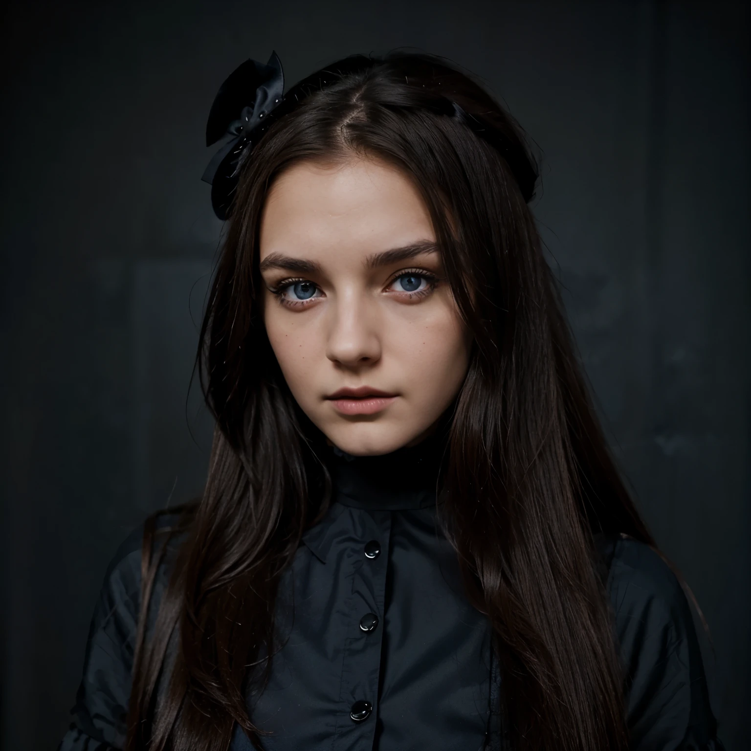 Albanian, girl, long brown hair, blue eyes, Brunette girl, Wednesday Addams costume, Serious pose, Gothic attire, Enchanting gaze