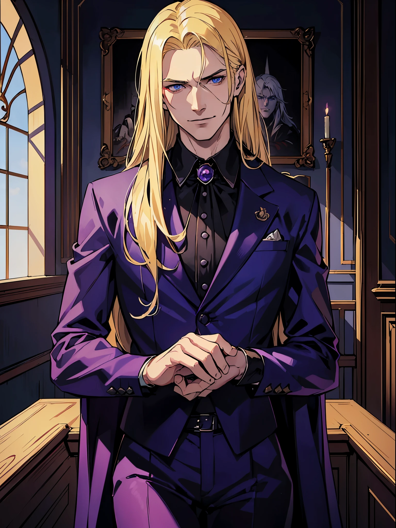 (best quality:1.4),masterpiece,ultra-detailed,beautiful man, sharp eyes, evil look,realism,cowboy shot,1guy,blonde beautiful hair, blue eyes ,tareme,long hair,white skin, black suit, purple renaissance shirt, blood, evil smile. Psycho look, castle, handsome, beautiful guy,