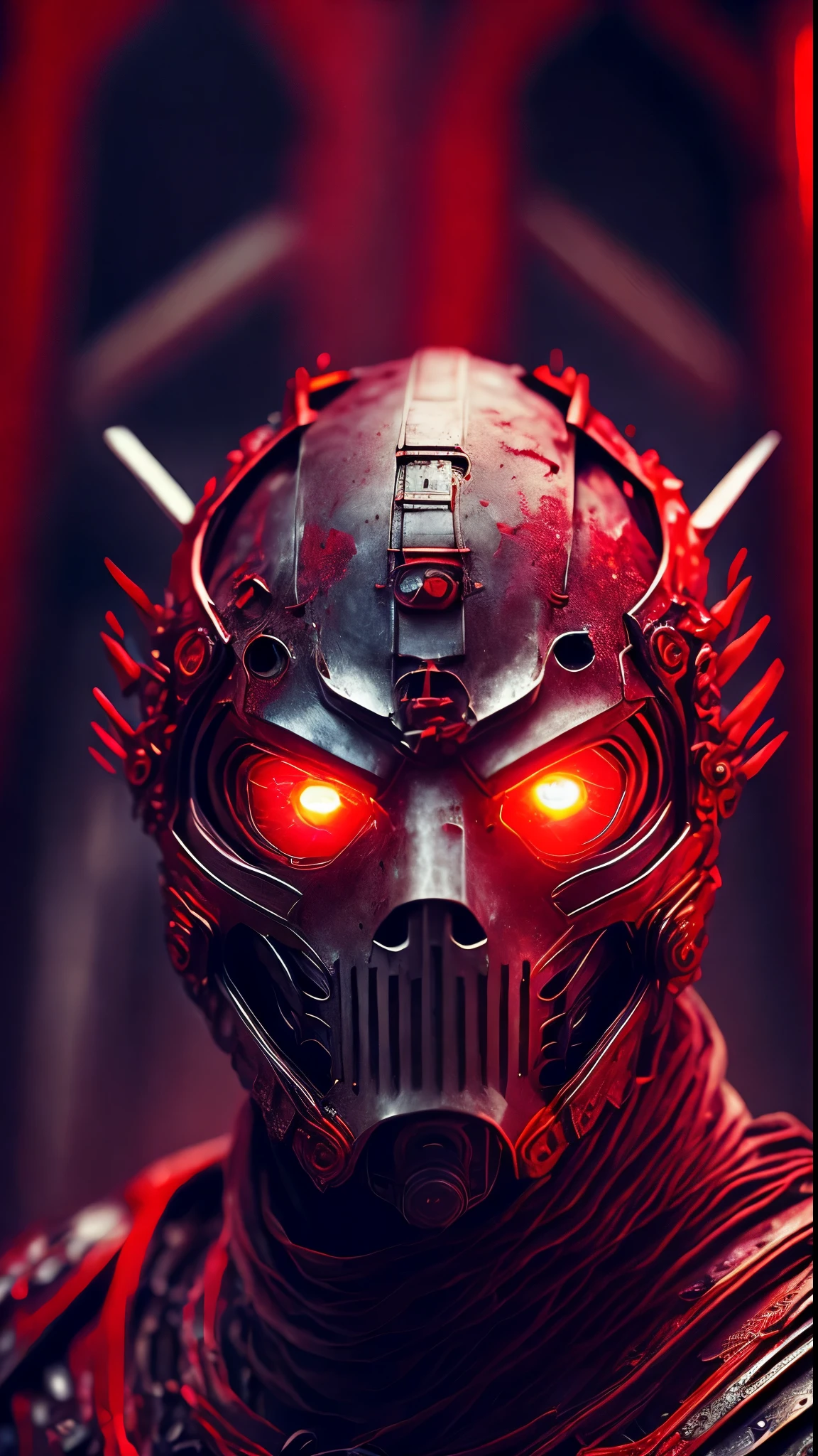 breathtaking cinematic science fiction photo of a portrait of a non human masked Grim wrapped in red chrome metal skin, body full glowing metrics inside, glowing multicoloured eyes, multifaceted eyes, metallic arms, inside a destroyed building, extremely menacing creature, highly detailed, award-winning