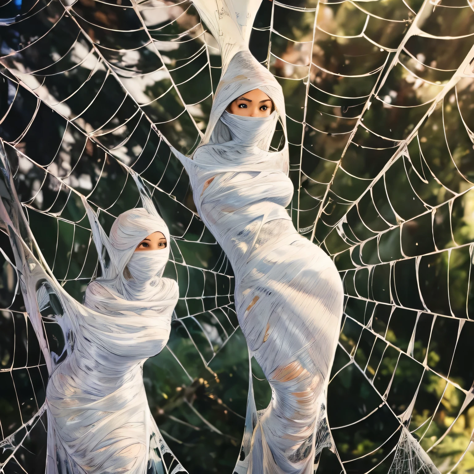 a girl entangled in the spider web, struggle, detailed classroom, (cocoon:1.3), spider web, hanging, spider in the web, spider