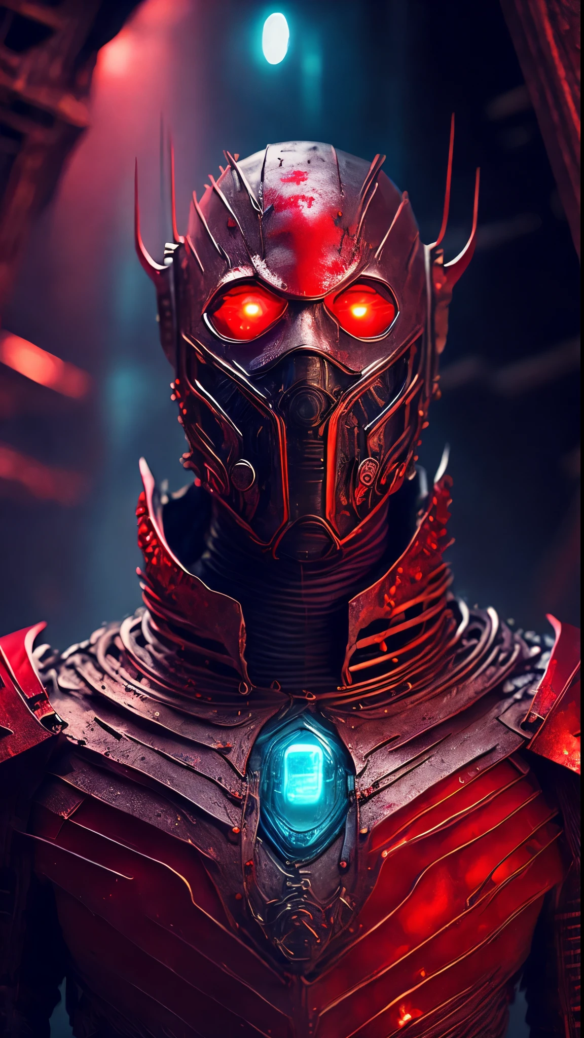 breathtaking cinematic science fiction photo of a portrait of a non human masked Grim wrapped in red chrome metal skin, body full glowing metrics inside, glowing multicoloured eyes, multifaceted eyes, metallic arms, inside a destroyed building, extremely menacing creature, highly detailed, award-winning