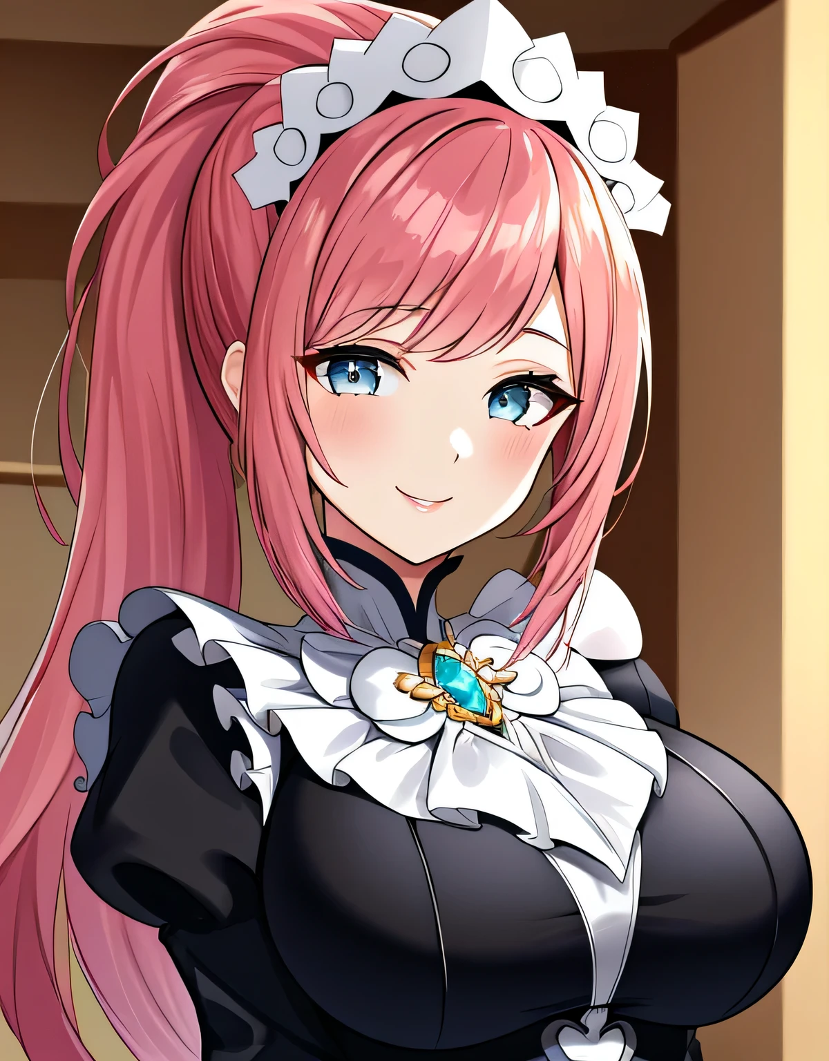 feliciadef,maid,maid headdress,(big breasts:1.5),shiny,hair,((alone)),((masterpiece)),((highest quality)),perfect anatomy,slim waist,perfect image,8k uh,(detailed and beautiful eyes:1.5),highly detailed face,Are standing,(Upper body:1.1),(look ahead:1.1),back arm,Super detailed,disorganized,High resolution,indoor hall,light smile,pink hair,(light blue eyes),