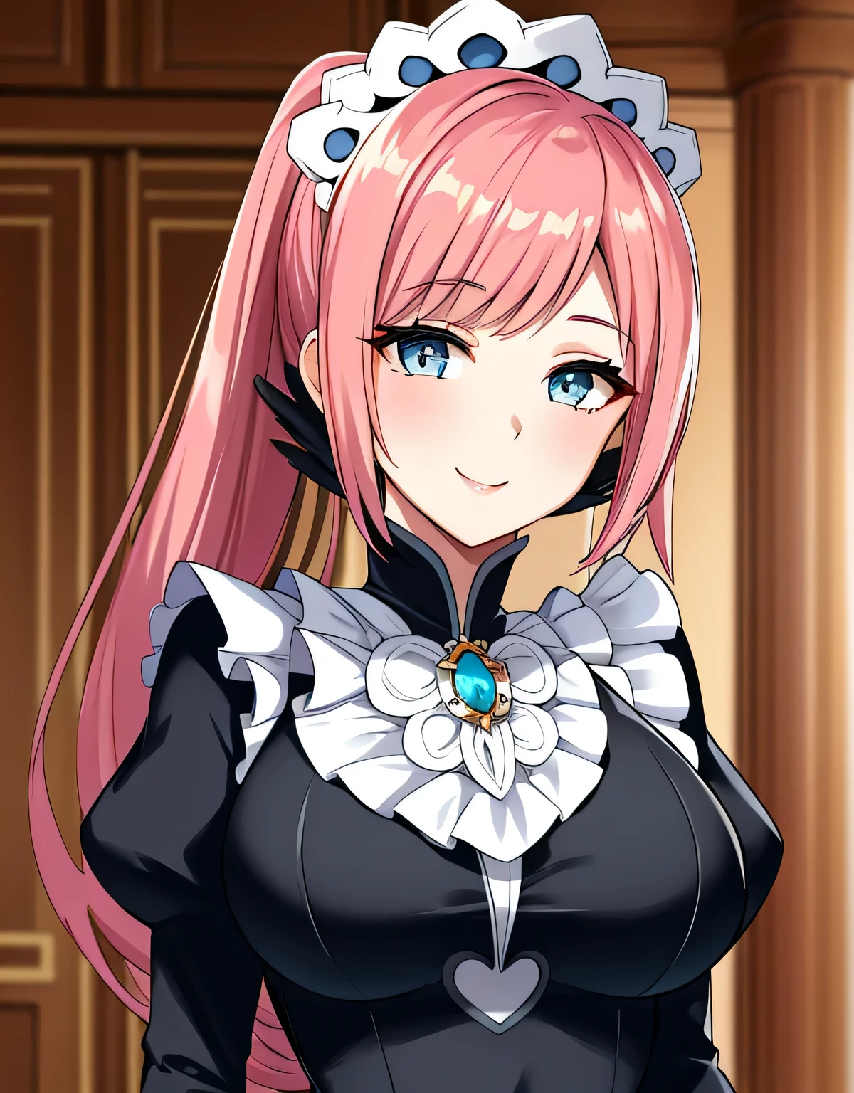 feliciadef,maid,maid headdress,(big breasts:1.5),shiny,hair,((alone)),((masterpiece)),((highest quality)),perfect anatomy,slim waist,perfect image,8k uh,(detailed and beautiful eyes:1.5),highly detailed face,Are standing,(Upper body:1.1),(look ahead:1.1),back arm,Super detailed,disorganized,High resolution,indoor hall,light smile,pink hair,(light blue eyes),