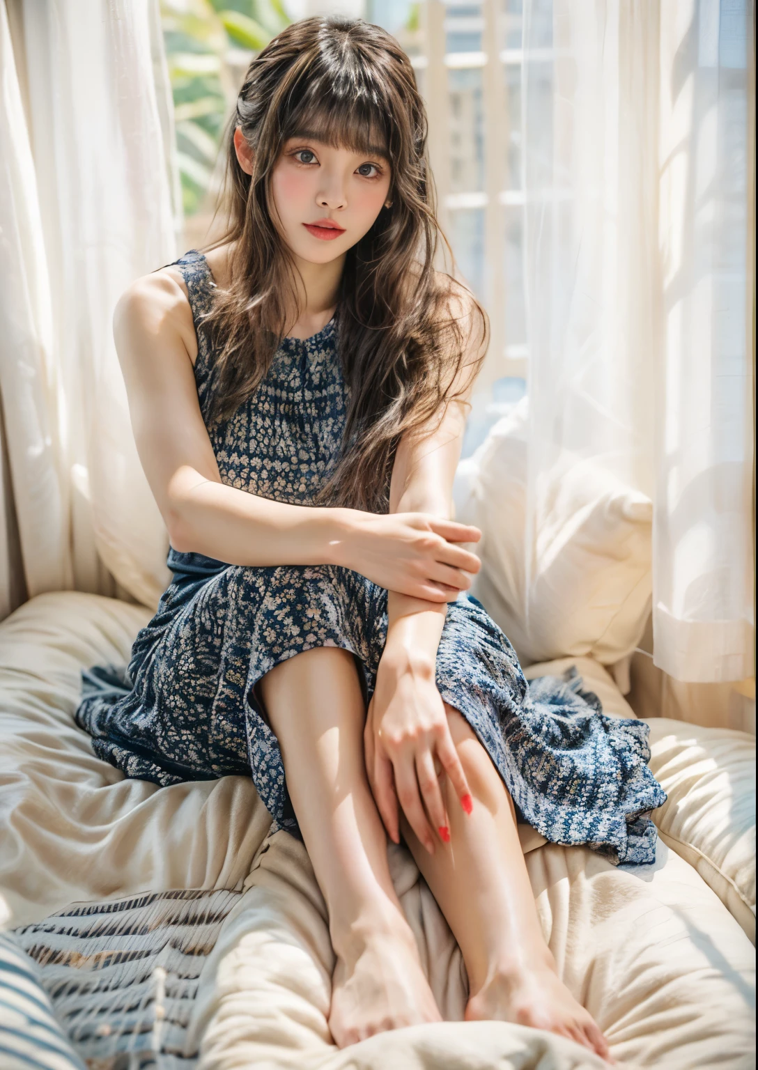 masterpiece、highest quality、cinema、(cute japanese woman、bangs:1.3)、23 years old、1 girl、elegant、black hair、(sit、dress:1.1)、