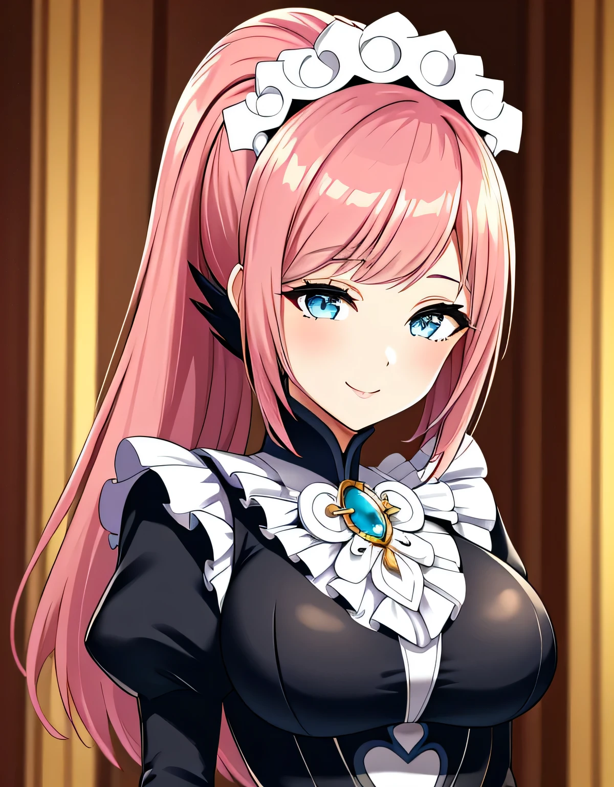 feliciadef,maid,maid headdress,(big breasts:1.5),shiny,hair,((alone)),((masterpiece)),((highest quality)),perfect anatomy,slim waist,perfect image,8k uh,(detailed and beautiful eyes:1.5),highly detailed face,Are standing,(Upper body:1.1),(look ahead:1.1),back arm,Super detailed,disorganized,High resolution,indoor hall,light smile,pink hair,(light blue eyes),